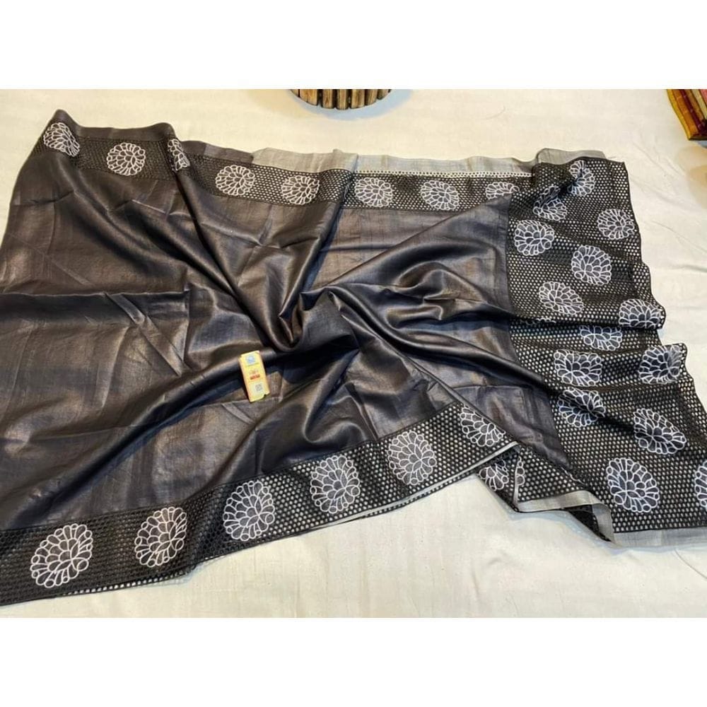 Silkmark Certifiied Pure Tussar Hand Cutwork Black Saree (Tussar by Tussar Fabric)-9414