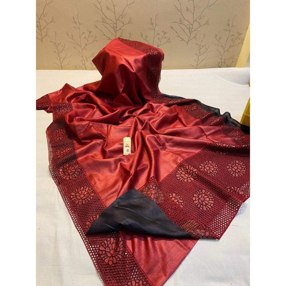 Silkmark Certifiied Pure Tussar Hand Cutwork Dark Red Saree (Tussar by Tussar Fabric)-9460
