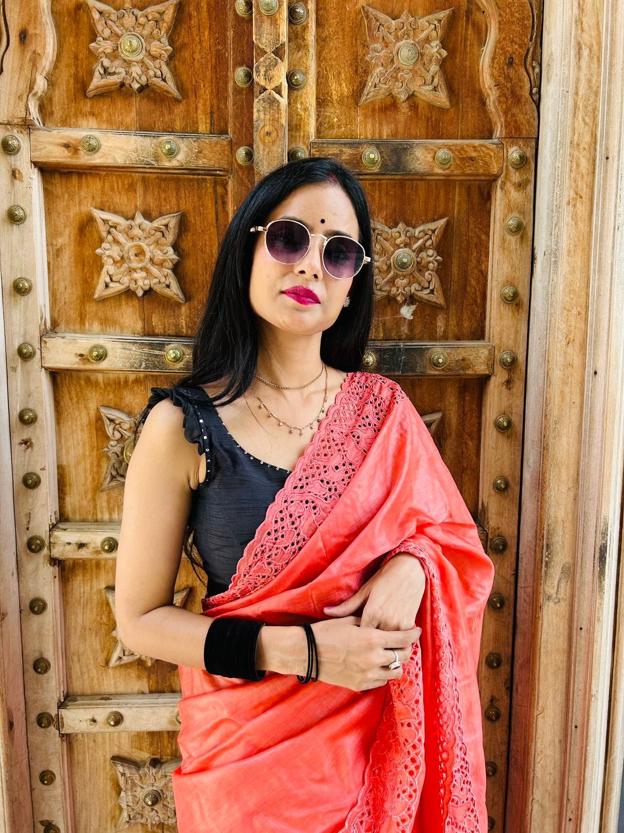 Silkmark Certified Pure Tussar Hand Cutwork Persian Red Saree (Tussar by Tussar Fabric)-9104