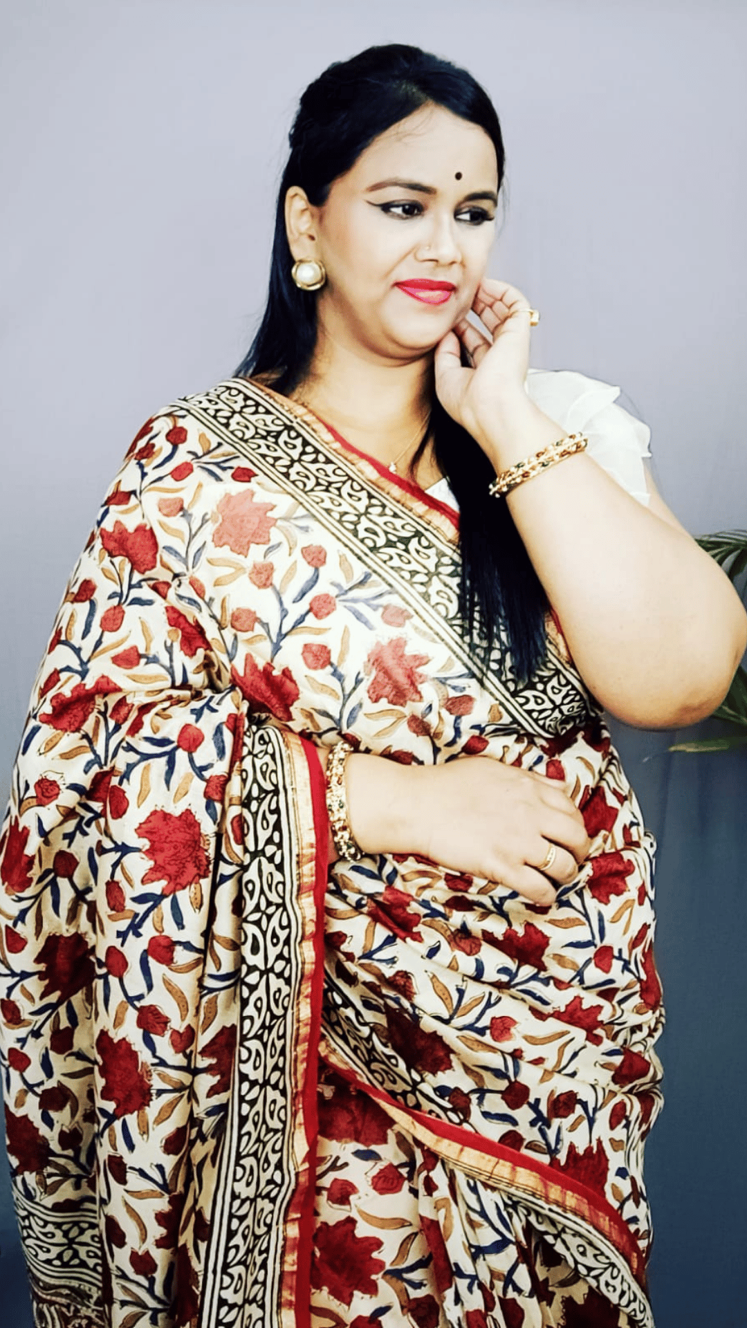 Chanderi Silk Saree Cream Colour Kalamkari Handblock Printed with running blouse-2561