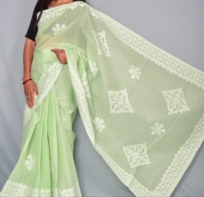 Organdy Cotton Saree Applique work Pale Leaf Green Colour with running blouse-5138