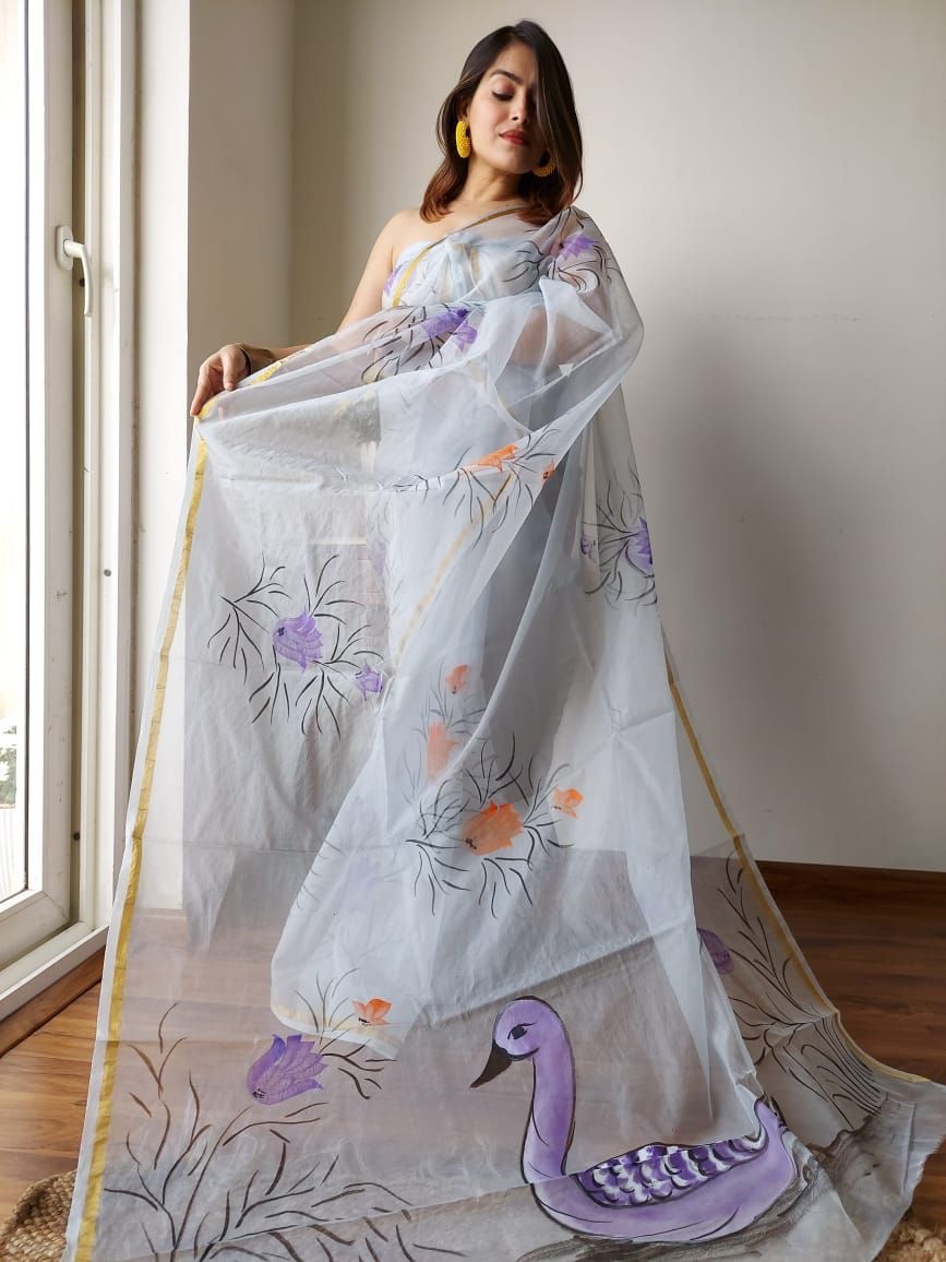 Hand Painted Organza Saree Light Purple Colour with touch of gold print in vibrant Indian colours and matching running Blouse-4002