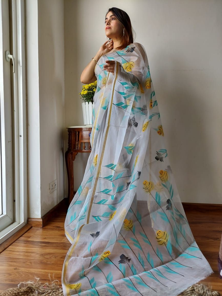 Hand Painted Organza Saree Off White Colour with touch of gold print in vibrant Indian colours and matching running Blouse-8533