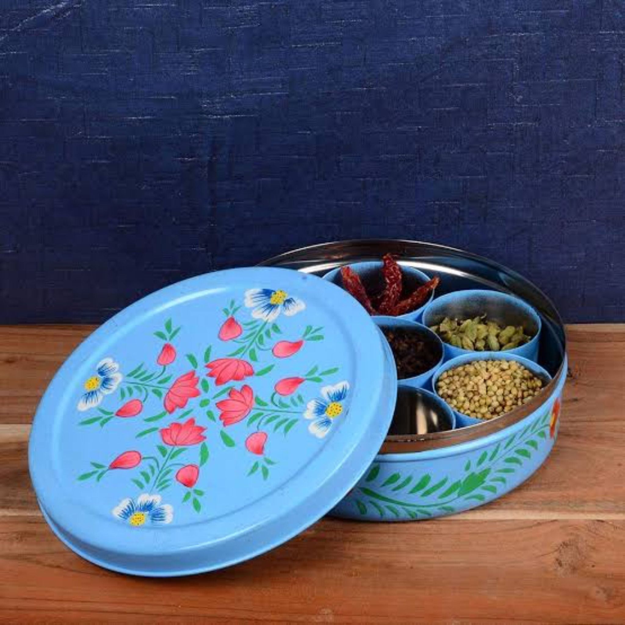 Rajasthani Handpainted Stainless Steel Masala Box Blue Colour-4599