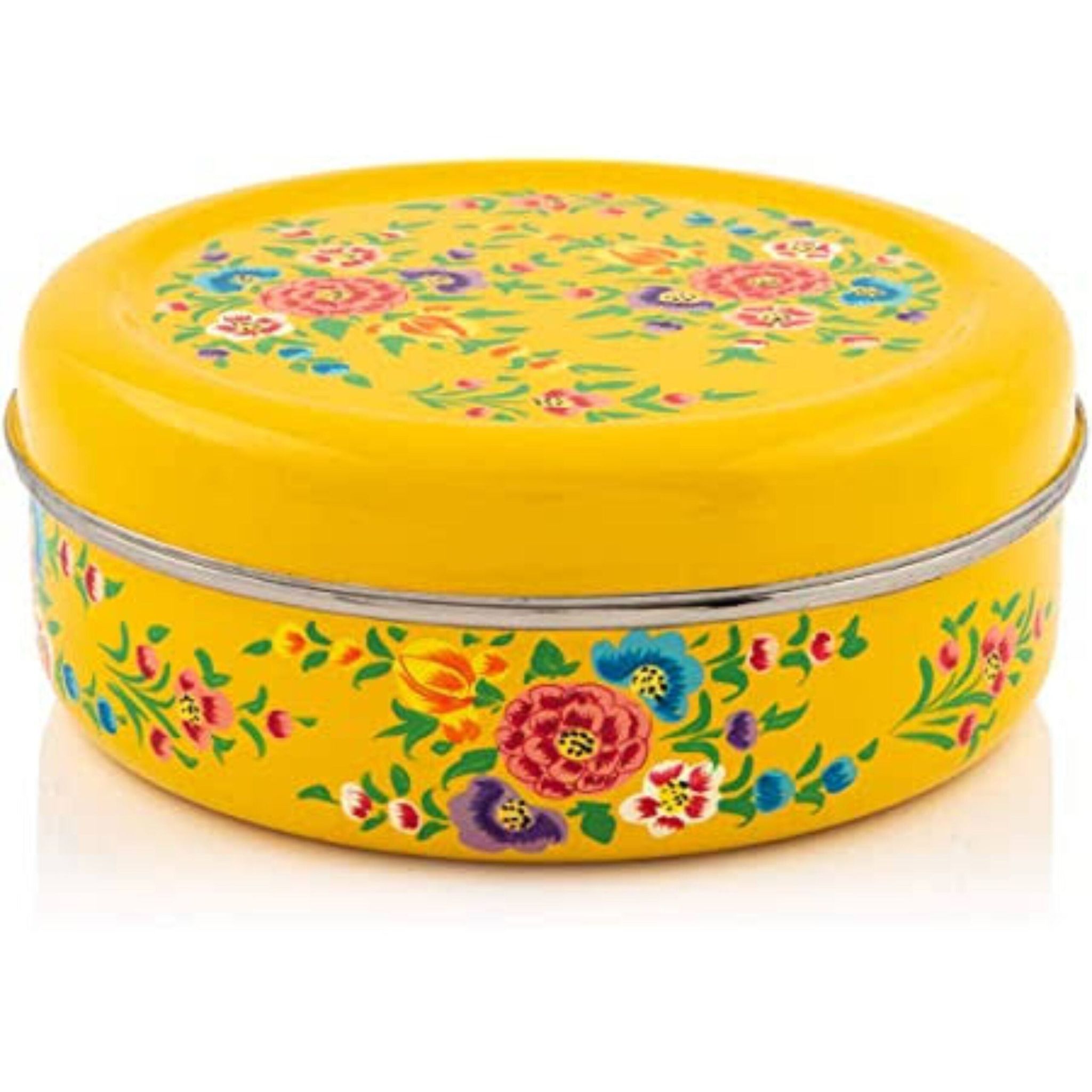 Rajasthani Handpainted Stainless Steel Masala Box Yellow Colour-3584