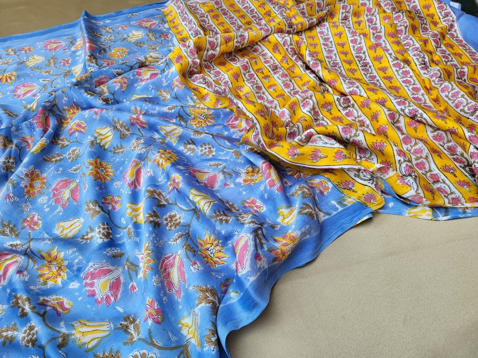 Pure Modal Silk(Imported Silk Fabric) Saree natural dye vegetable hand block print Cornflower Blue Colour with beautiful printed blouse-6001