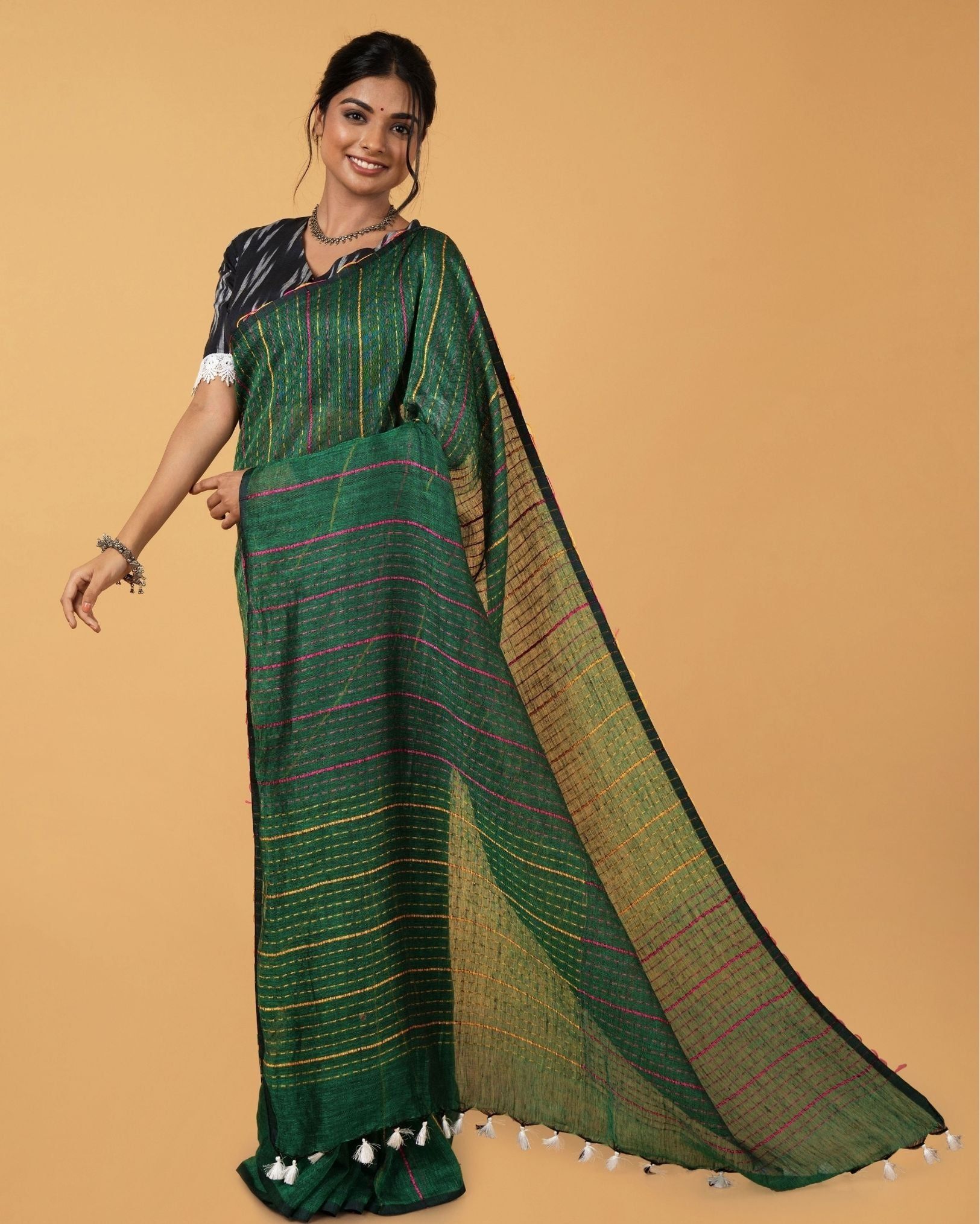 Pure Linen Weaving Design Kantha Work Saree Spectra Green Color with Kantha Blouse-9206