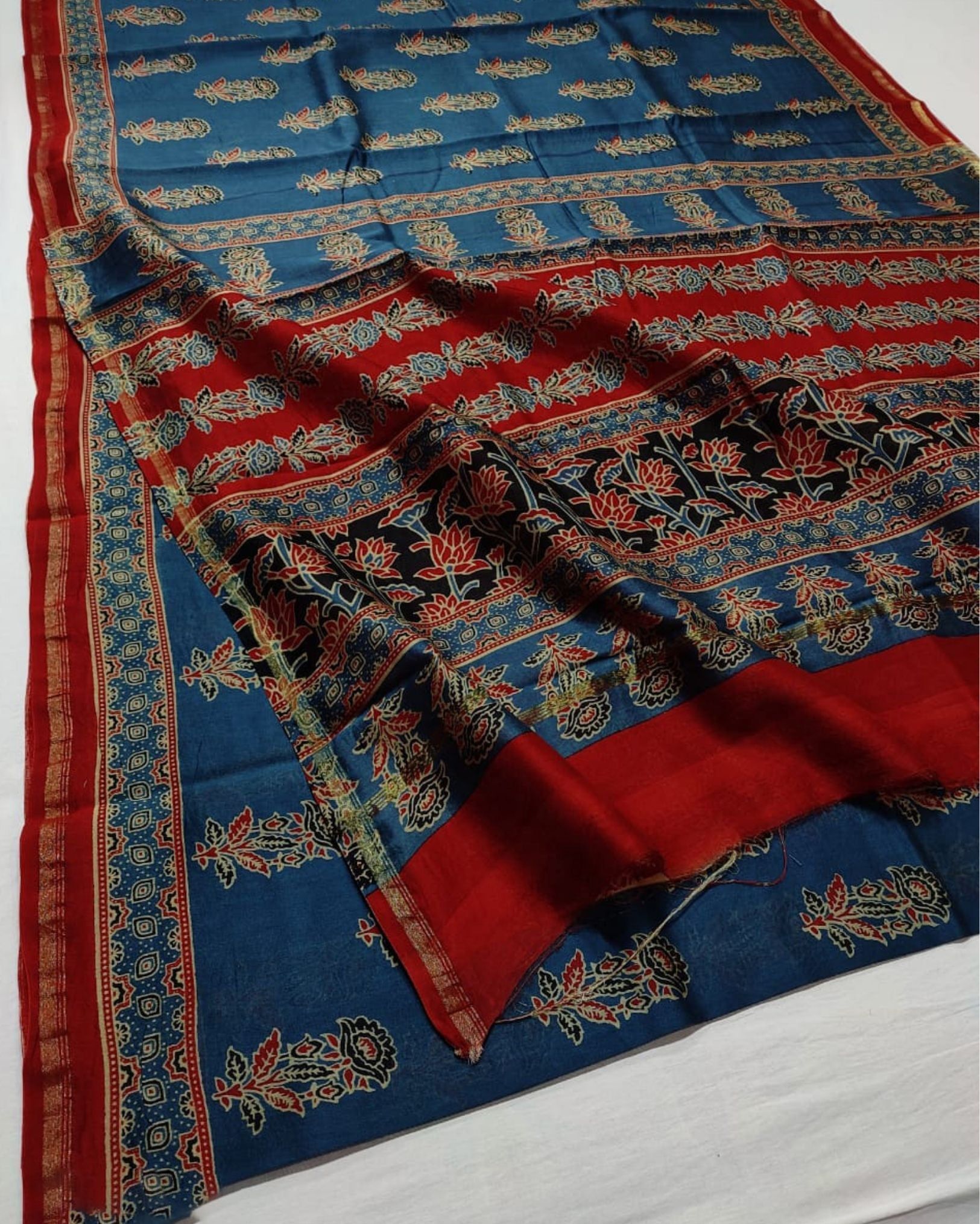 Ajrakh Printed Arapawa Blue Color Chanderi Silk Saree with Running Blouse-2434