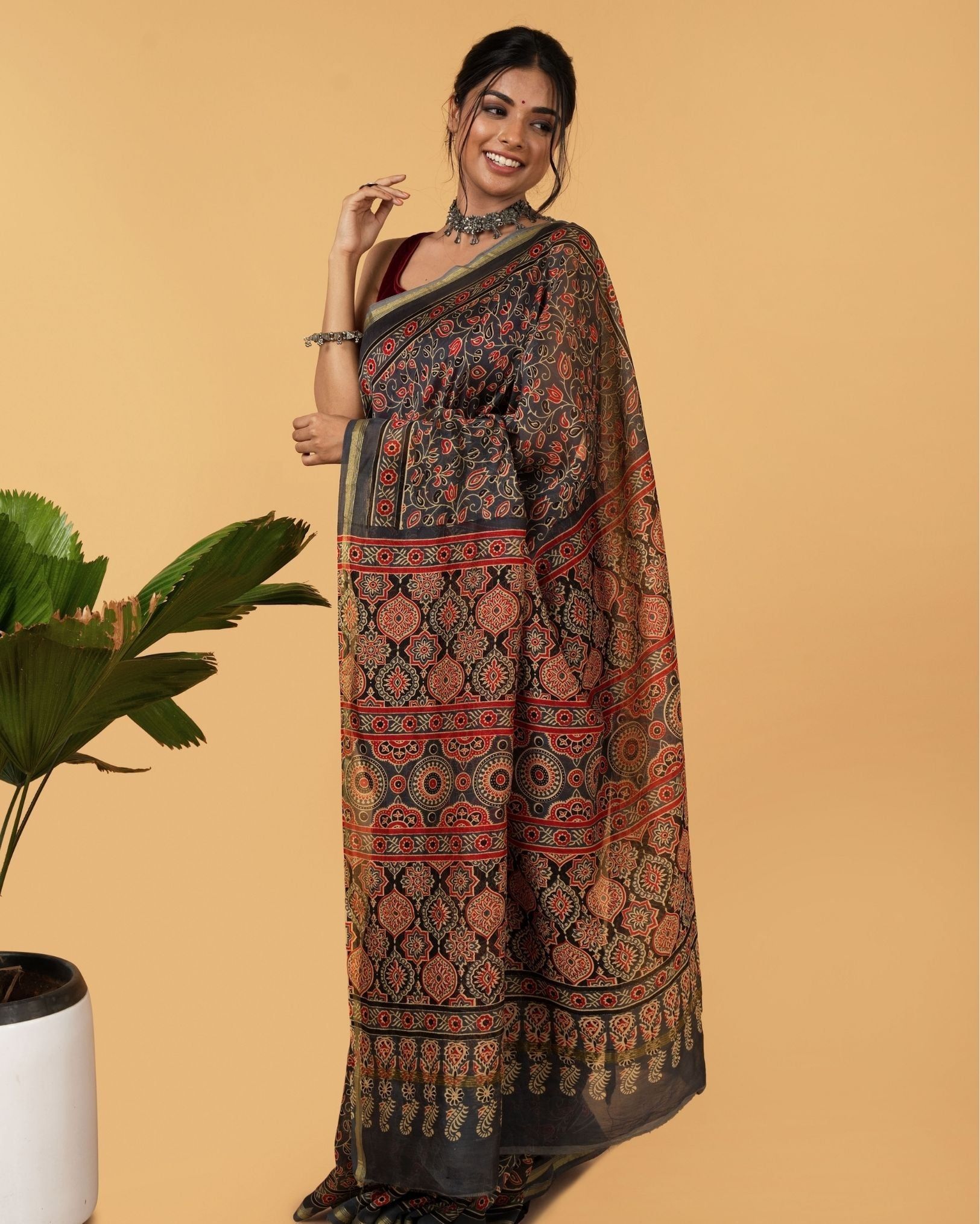 Ajrakh Printed Cello Blue Color Chanderi Silk Saree with Running Blouse-2417