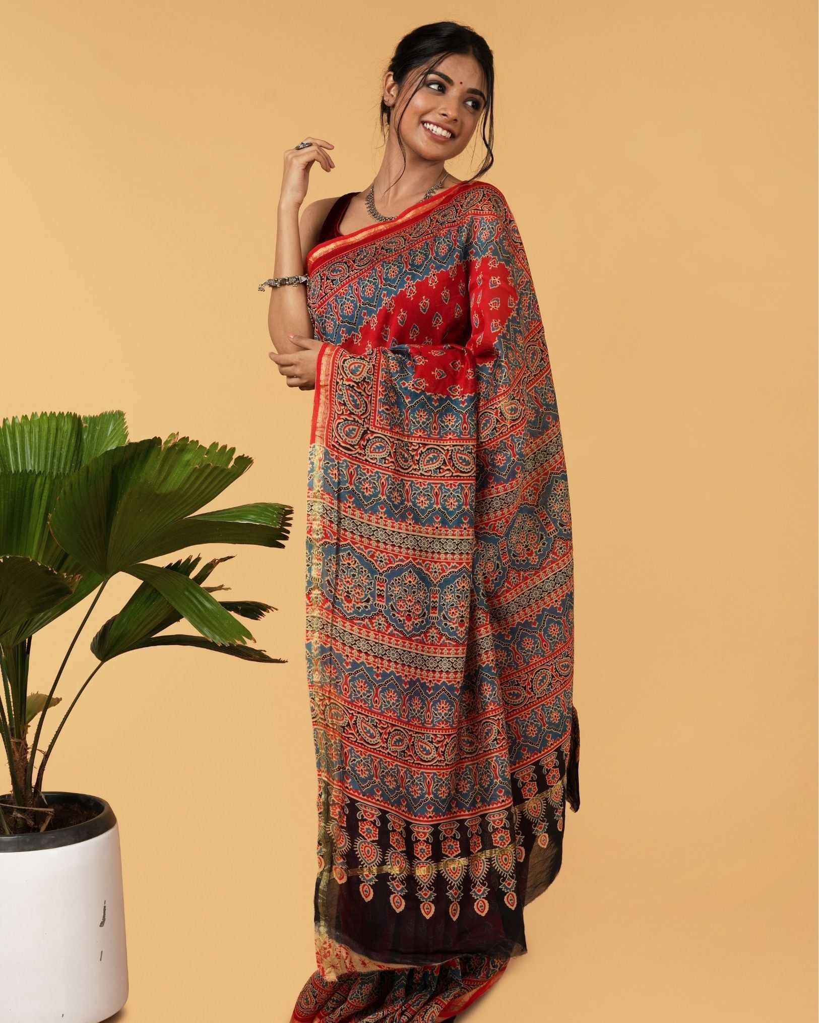 Ajrakh Printed Fire Brick Red Color Chanderi Silk Saree with Running Blouse-6015
