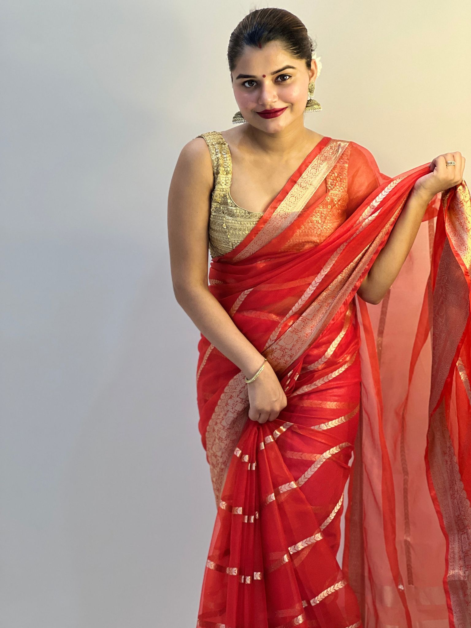 Organza Pure Banarasi Silk Saree With Striped body running blouse Red Color-3741