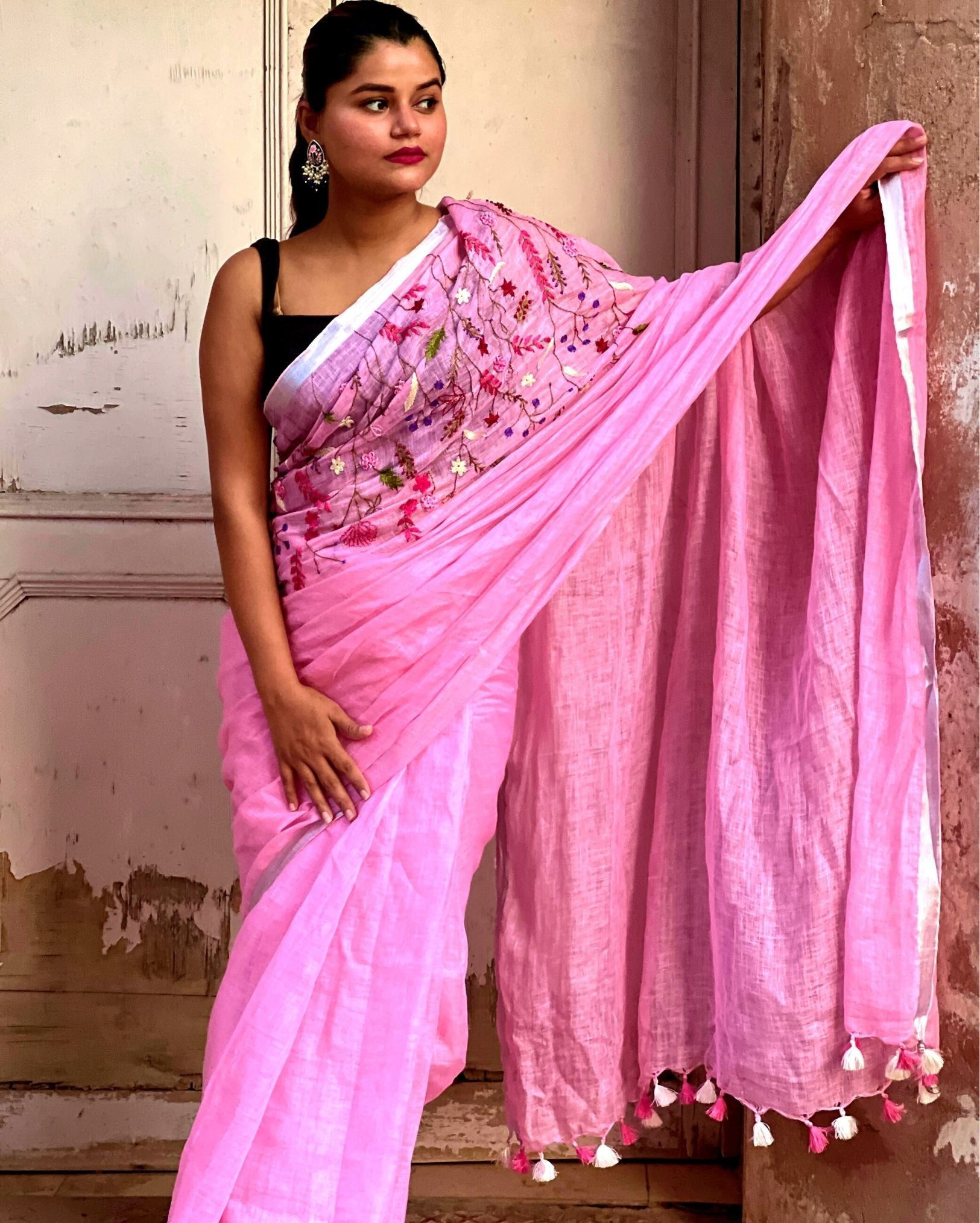 Pure Linen Saree Handloom Hand Embroidered Pink color with attached Running Blouse-9807
