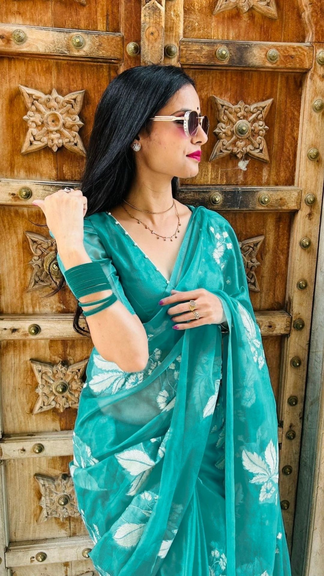 Organza Sea Green color Silk Saree Digital Embroidered with running blouse-6232