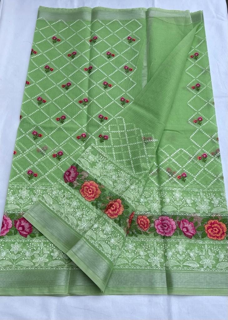 Kota Doria Embroidery Saree Green Color with blouse Handcrafted-3306