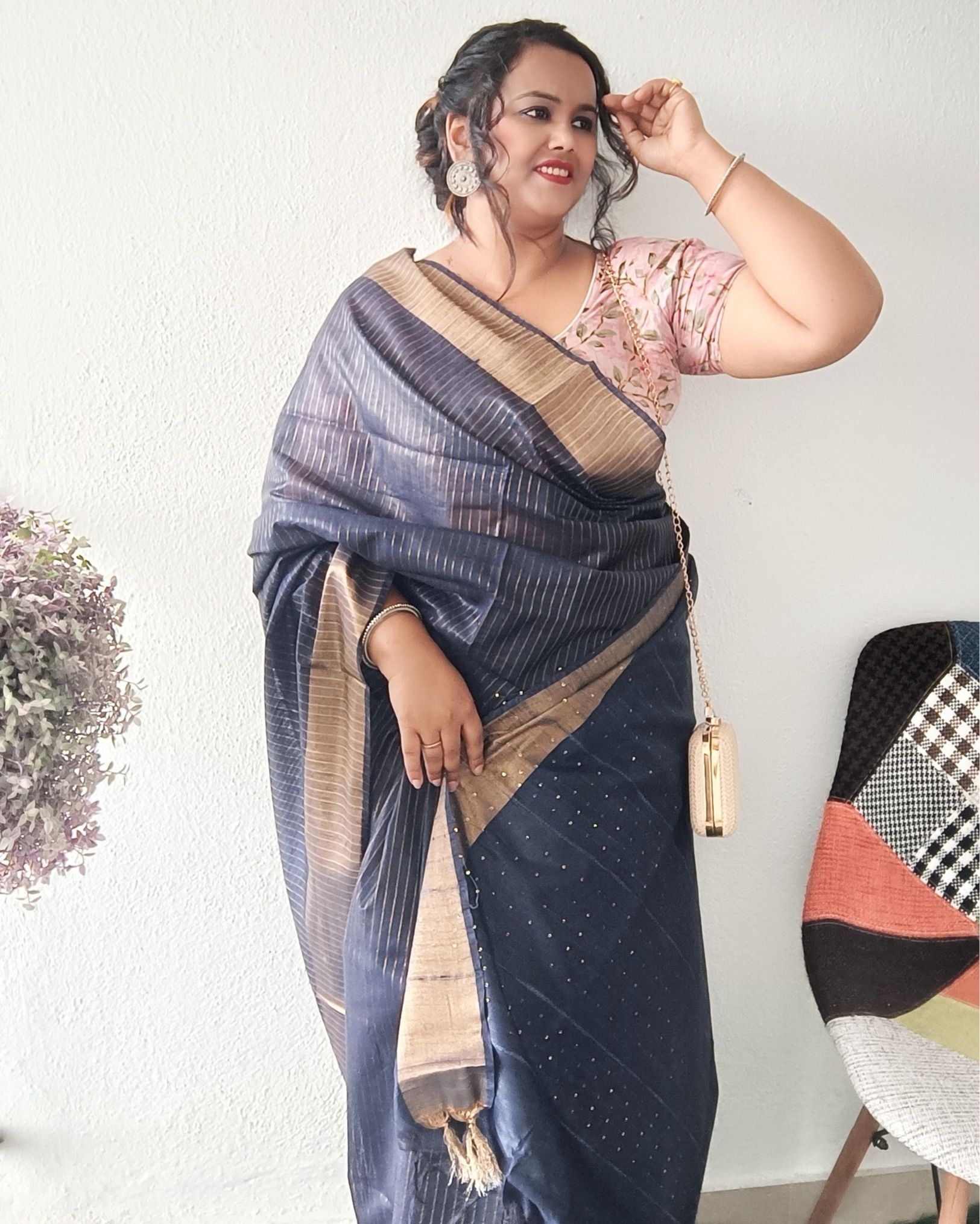 Kota Slub Saree Striped Body Sequence Pallu Hand Dyed Navy Blue Color with Blouse-6010