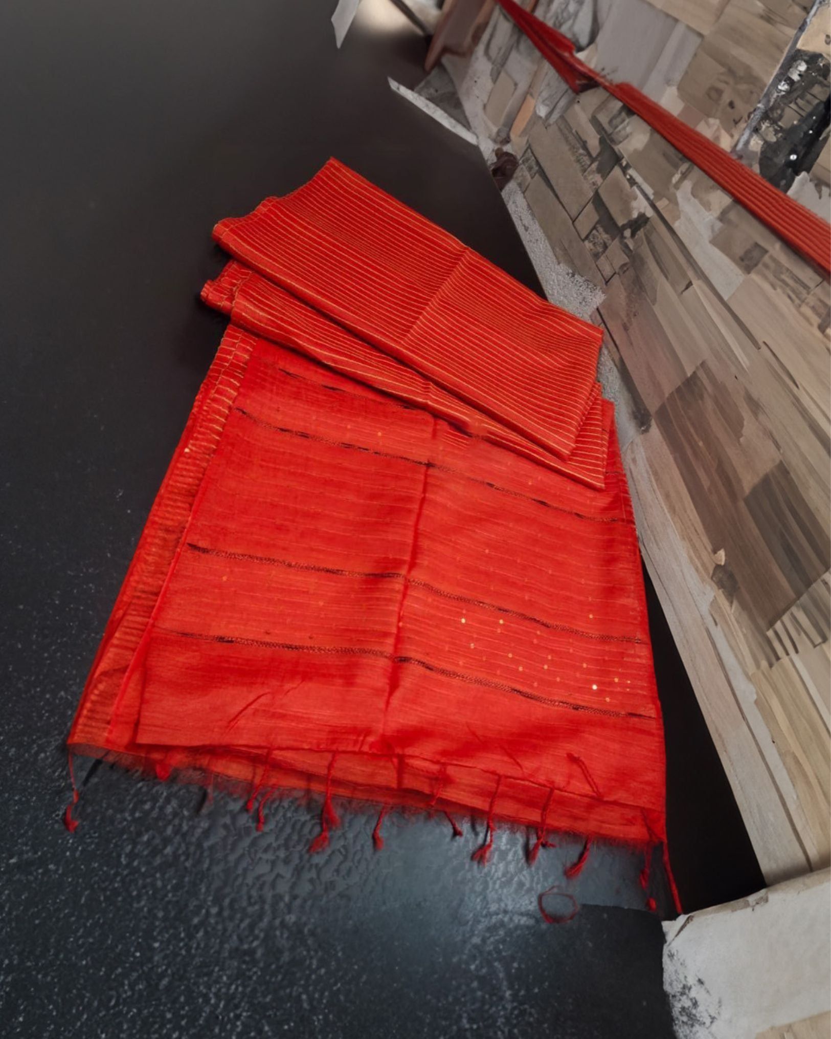 Katan Silk Red Saree Striped Design with Running Blouse Handcrafted-5049