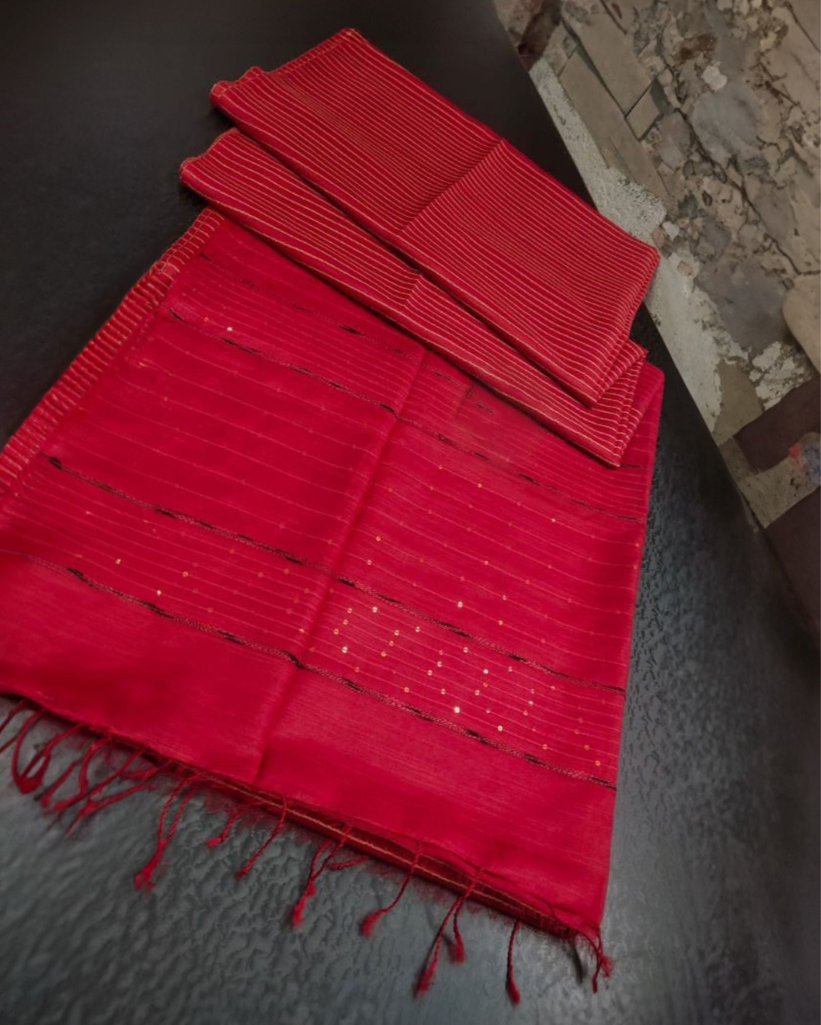Katan Silk Carmine Red Colour Saree Striped Design with Running Blouse Handcrafted-9066