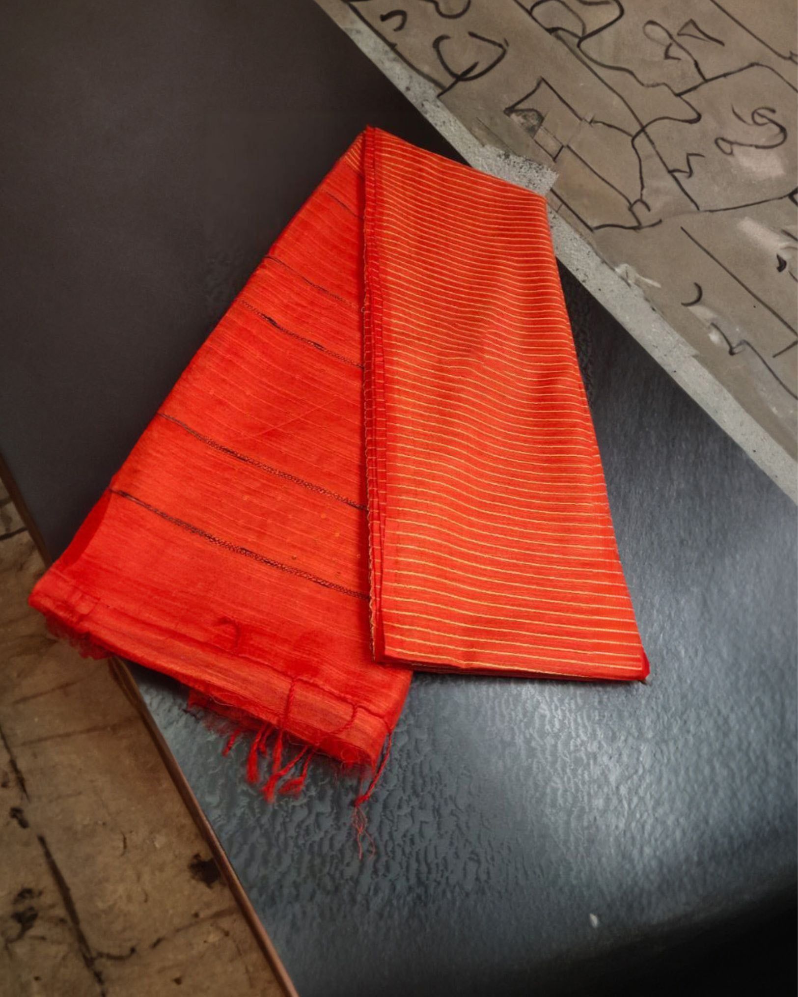 Katan Silk Saree Striped Design Orange Colour with Running Blouse Handcrafted-5139