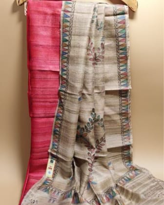 Silkmark Certified Tussar Pink Silk Madhubani Dupatta and Plain Tussar Silk Top (Tussar by Tussar)-2414