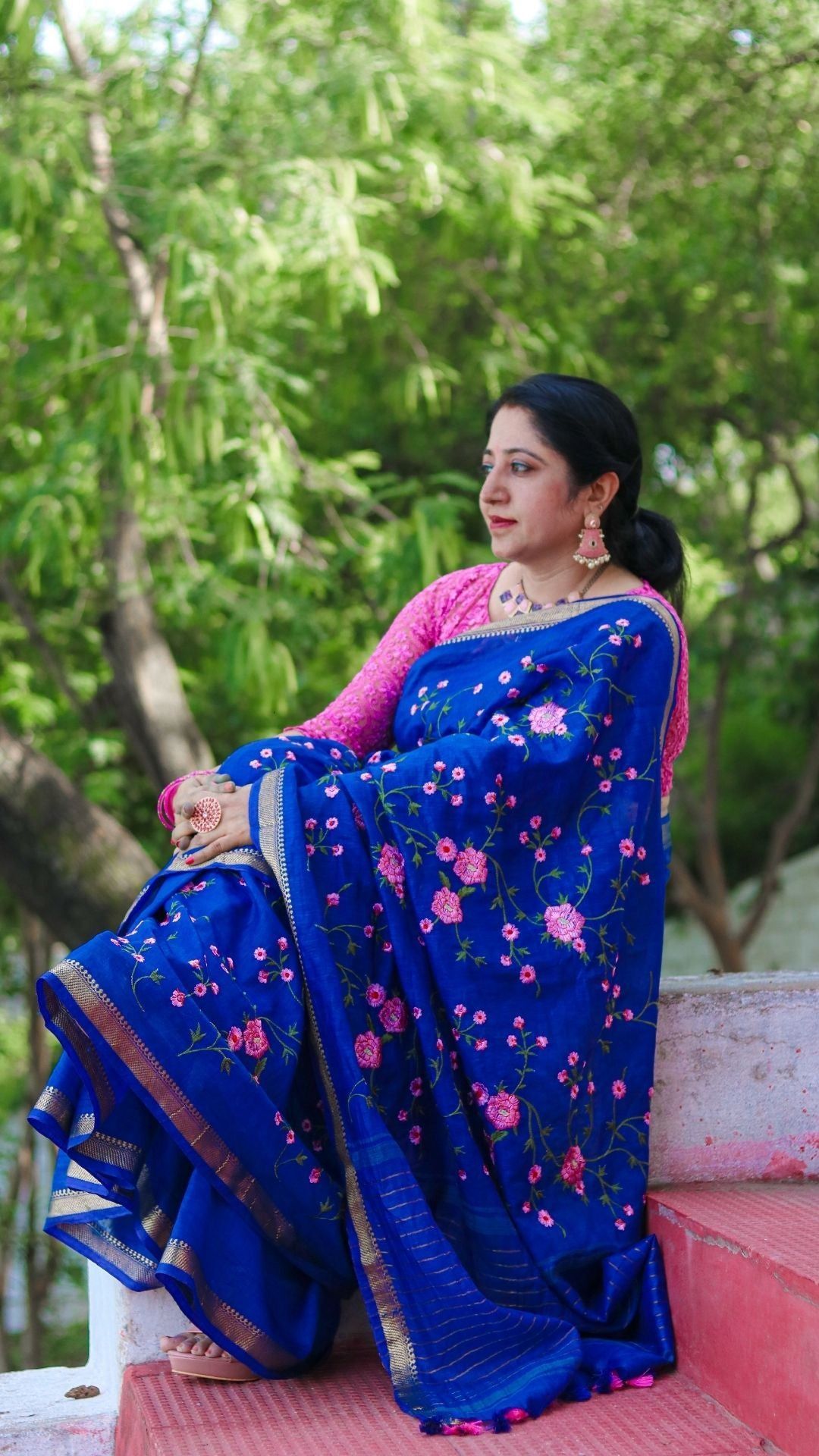 Silk Linen Saree International Klein Blue Color Floral Embroidered with running blouse-2612
