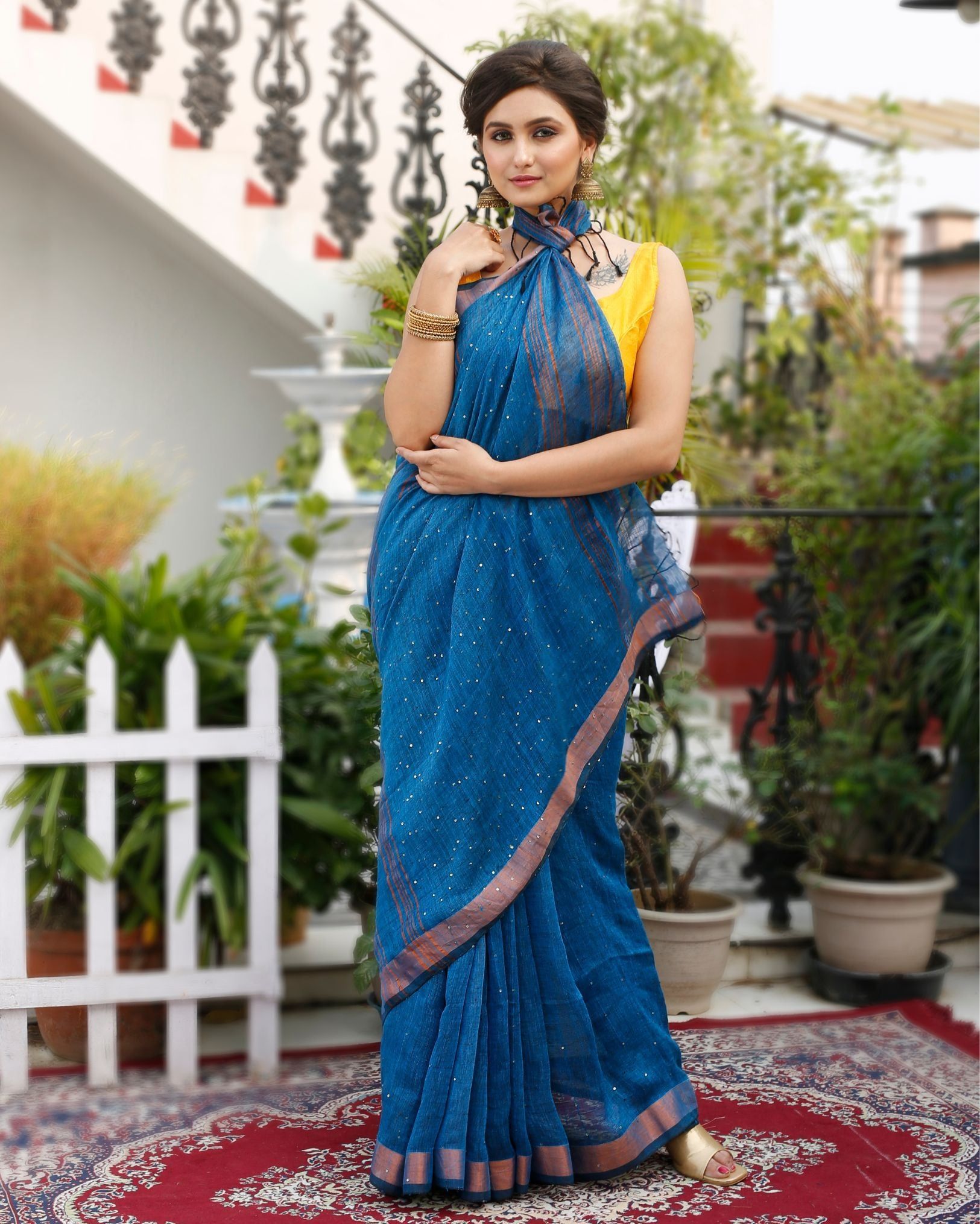 Pure Linen Saree Sequence Design Bahama Blue Color with Running Blouse-1266