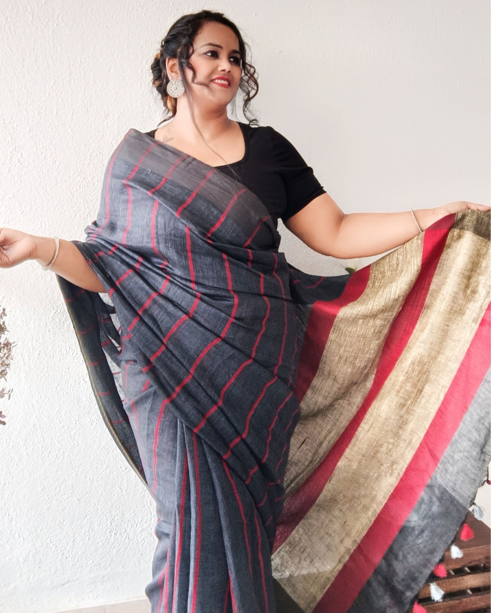 Pure Linen Saree Striped Design Grey Color with running blouse-5235