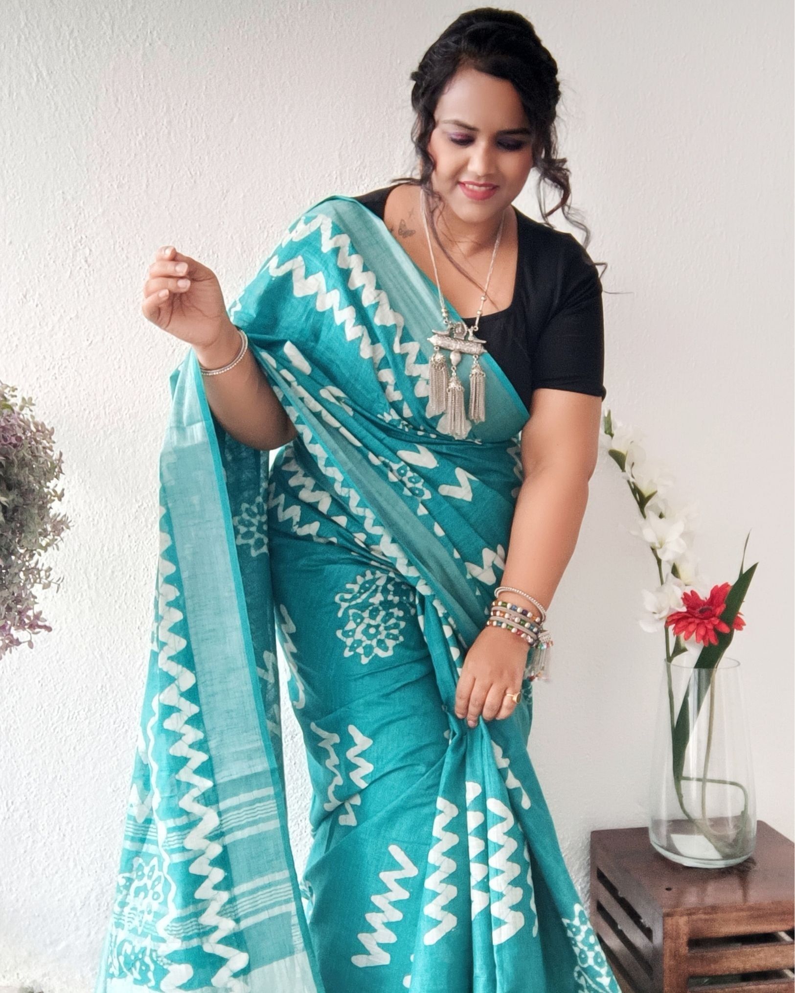 Slub Linen Saree Batik Print Bright Turquoise Blue Color with running blouse-9105