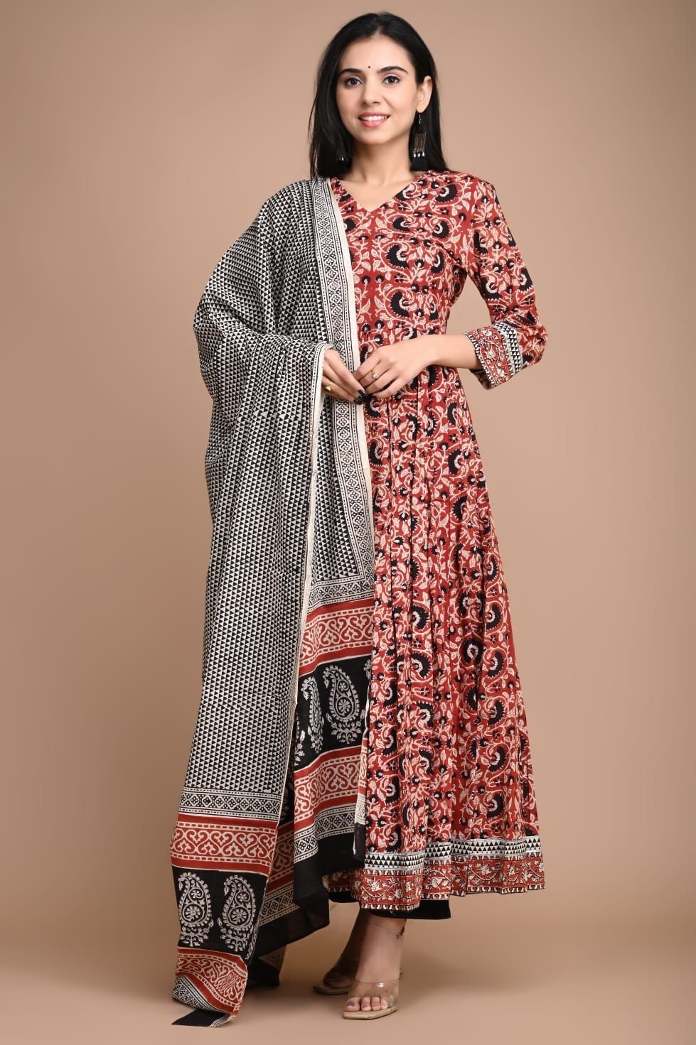 Anarkali Kurti Set Bagru Dabu HandBlock Print Medium Carmine Red with natural dye and Mulmul Dupatta(Size: 34-48)-8722