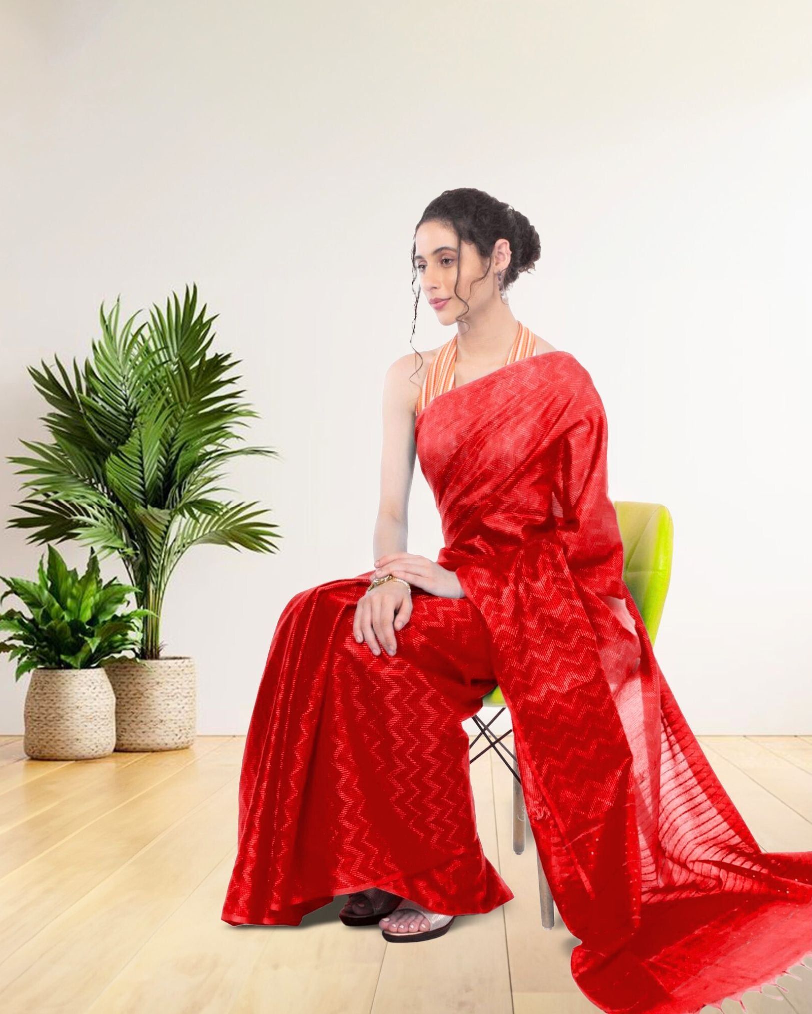 Kota Silk Saree Persian Red Color Sequence Pallu and full body Zig-Zag Design with running blouse-3661