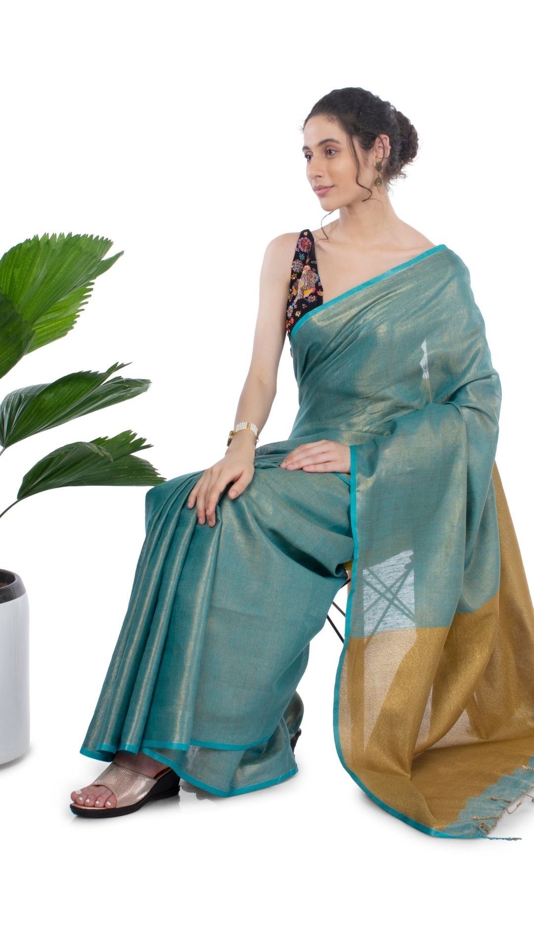 Tissue Linen Saree Gumbo Green Color with Gold Shimmer contrast pallu and running blouse-3074