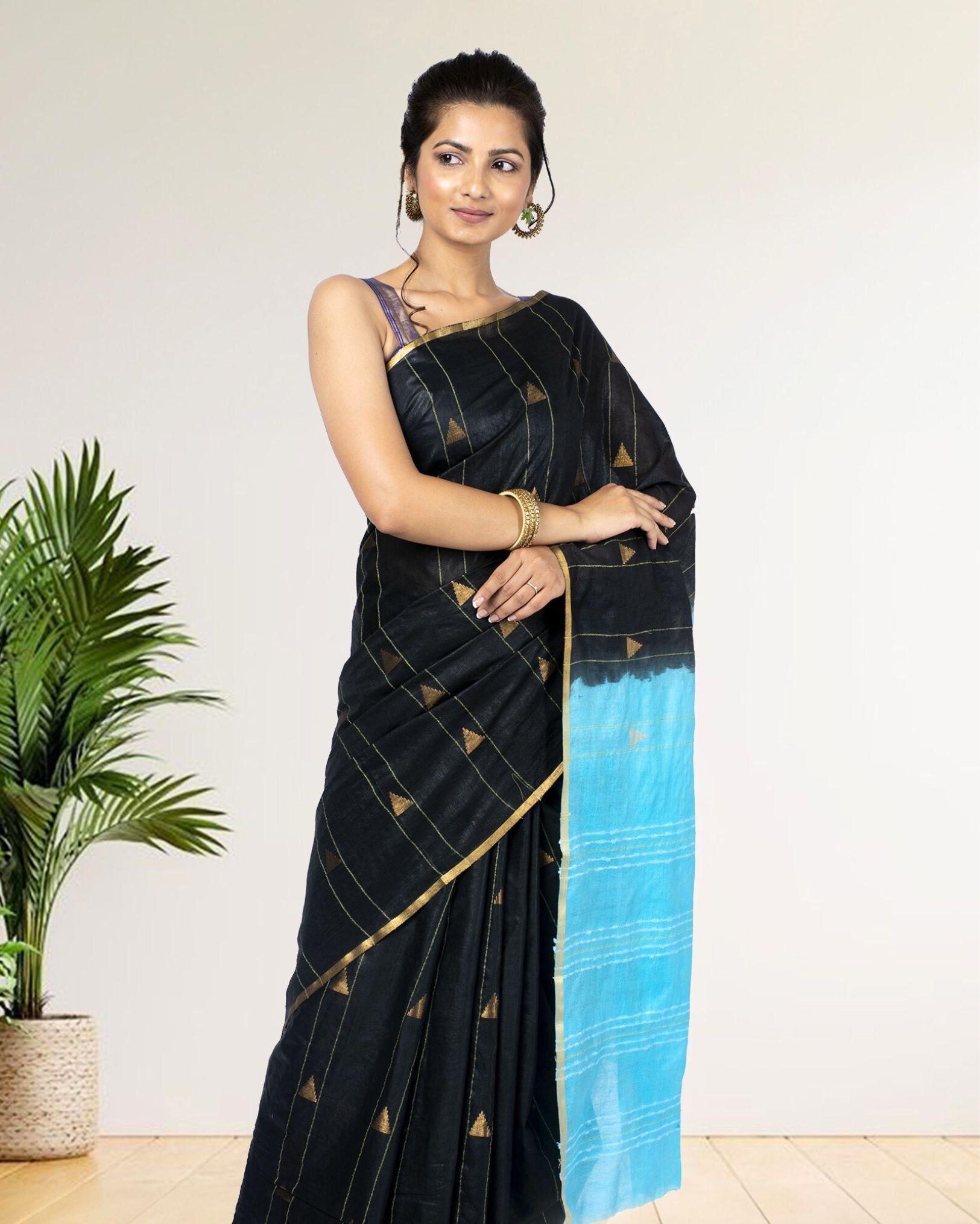 Kota Silk Saree Chinese Black Color Weaving Triangle with running blouse-4955