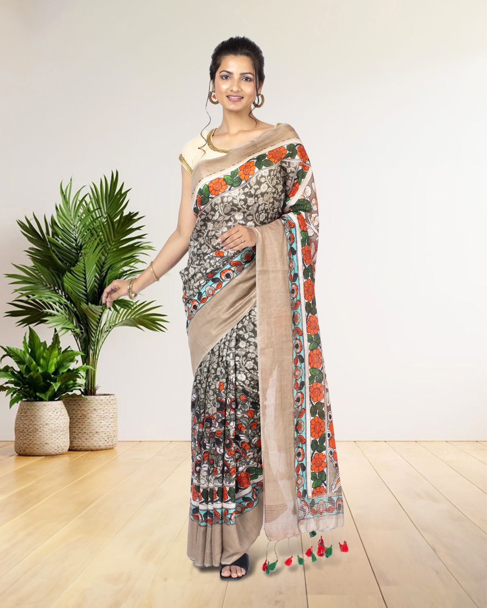 Moonga Tussar Silk Saree Dim Grey Color with Digital Print and running blouse-2875