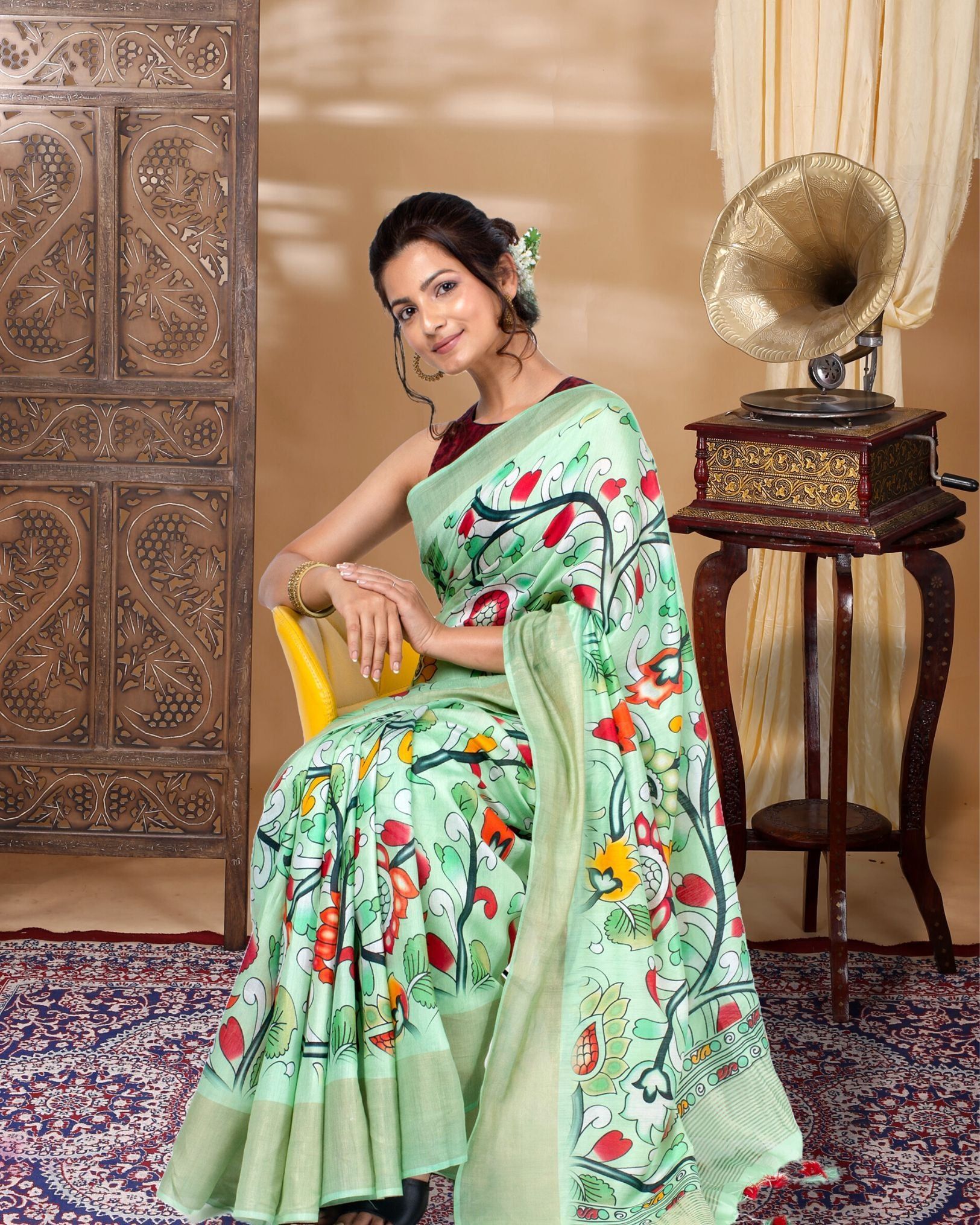 Moonga Tussar Silk Saree Jet Stream Green Color with Digital Print and running blouse-7617