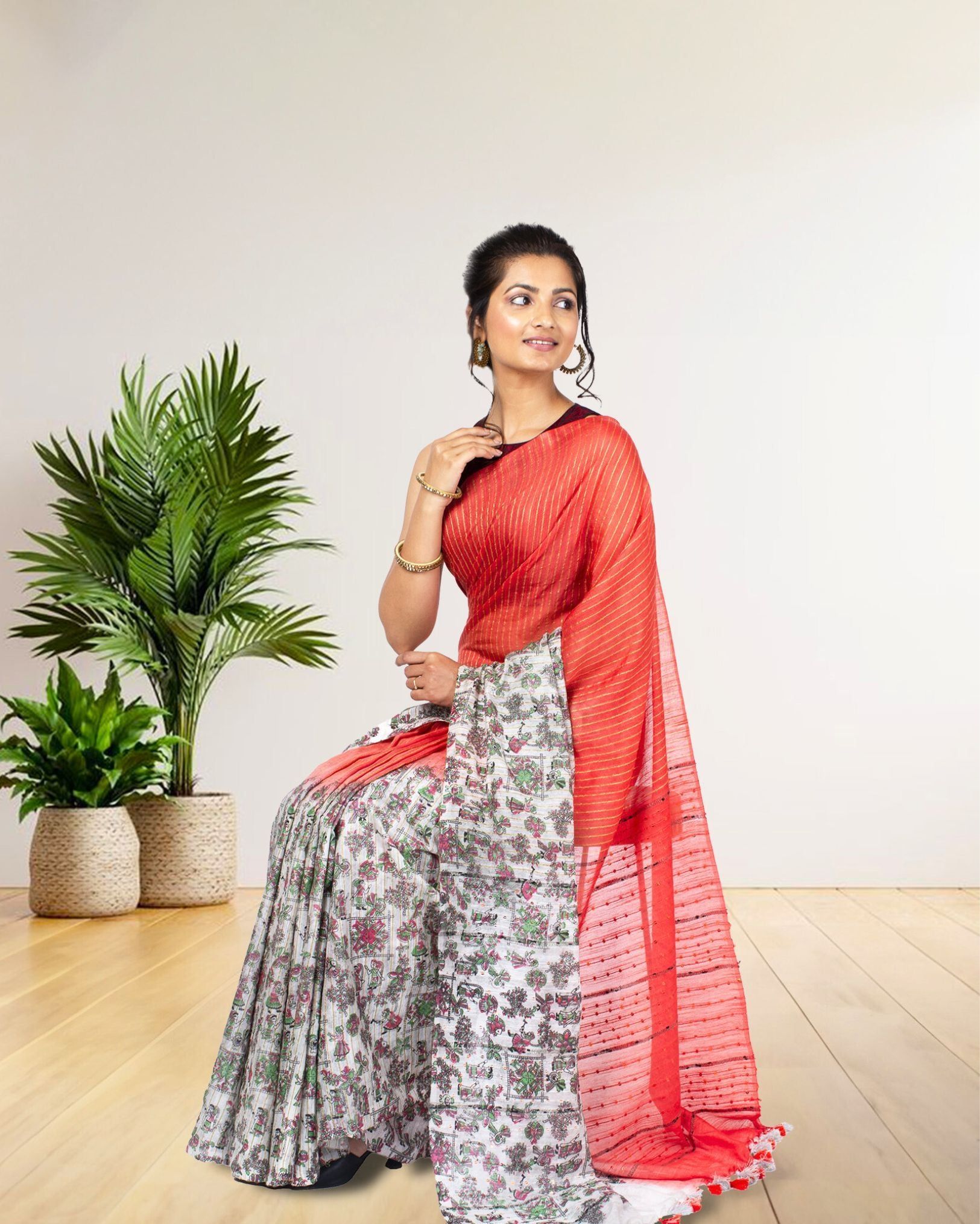 Kota Silk Saree Sunset Orange Color Body Striped with Sequence Pallu, Half Dye Half Print and Running Blouse-1331