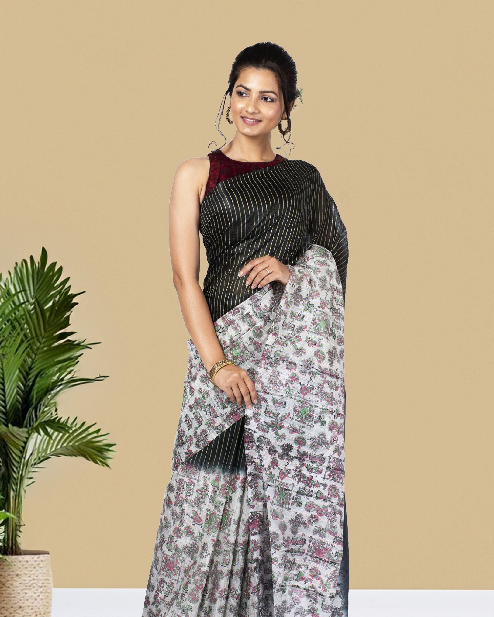 Kota Silk Saree Black & White Color Body Striped with Sequence Pallu, Half Dye Half Print and Running Blouse-7168