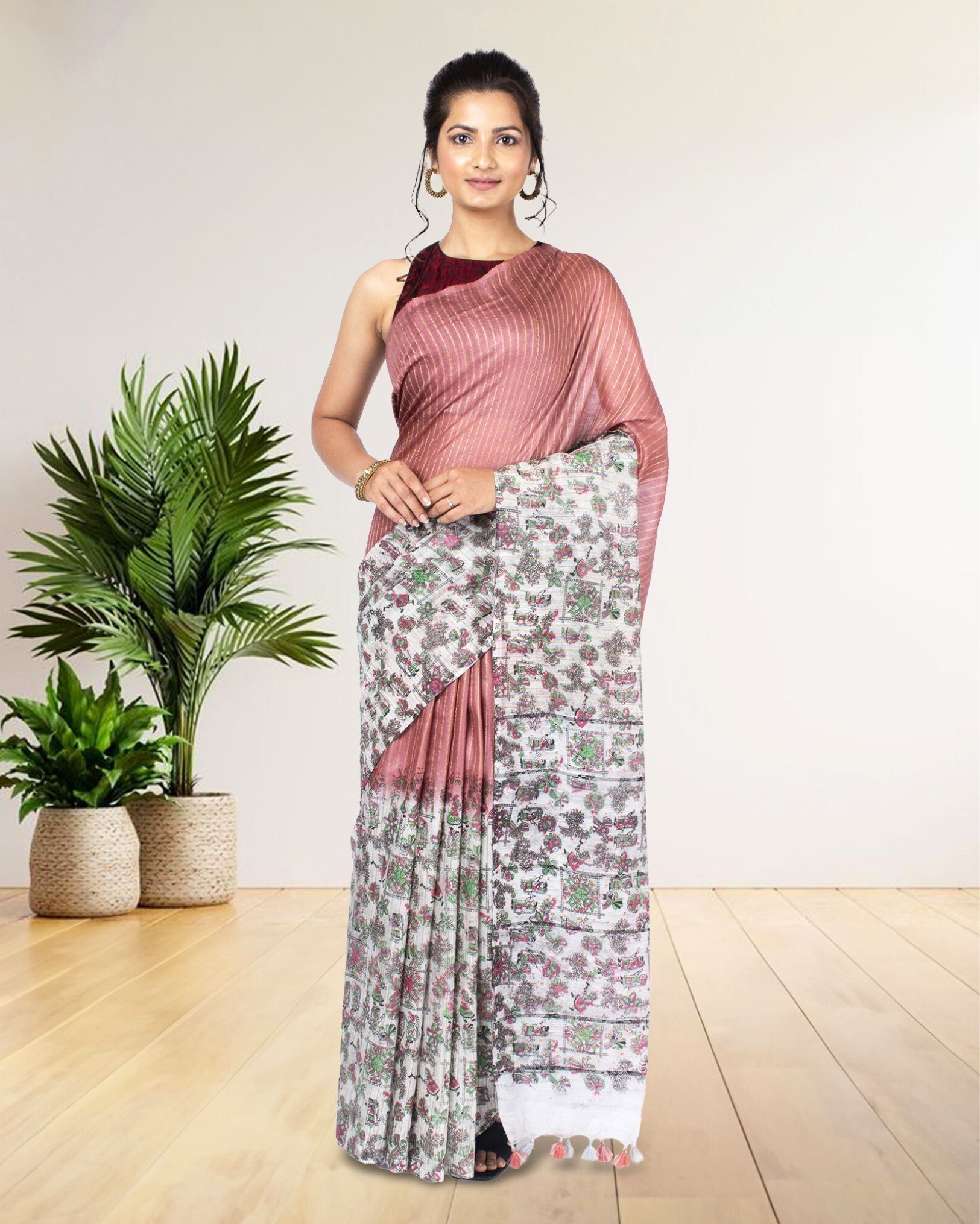 Kota Silk Saree Charm Pink Color Body Striped with Sequence Pallu, Half Dye Half Print and Running Blouse-6460