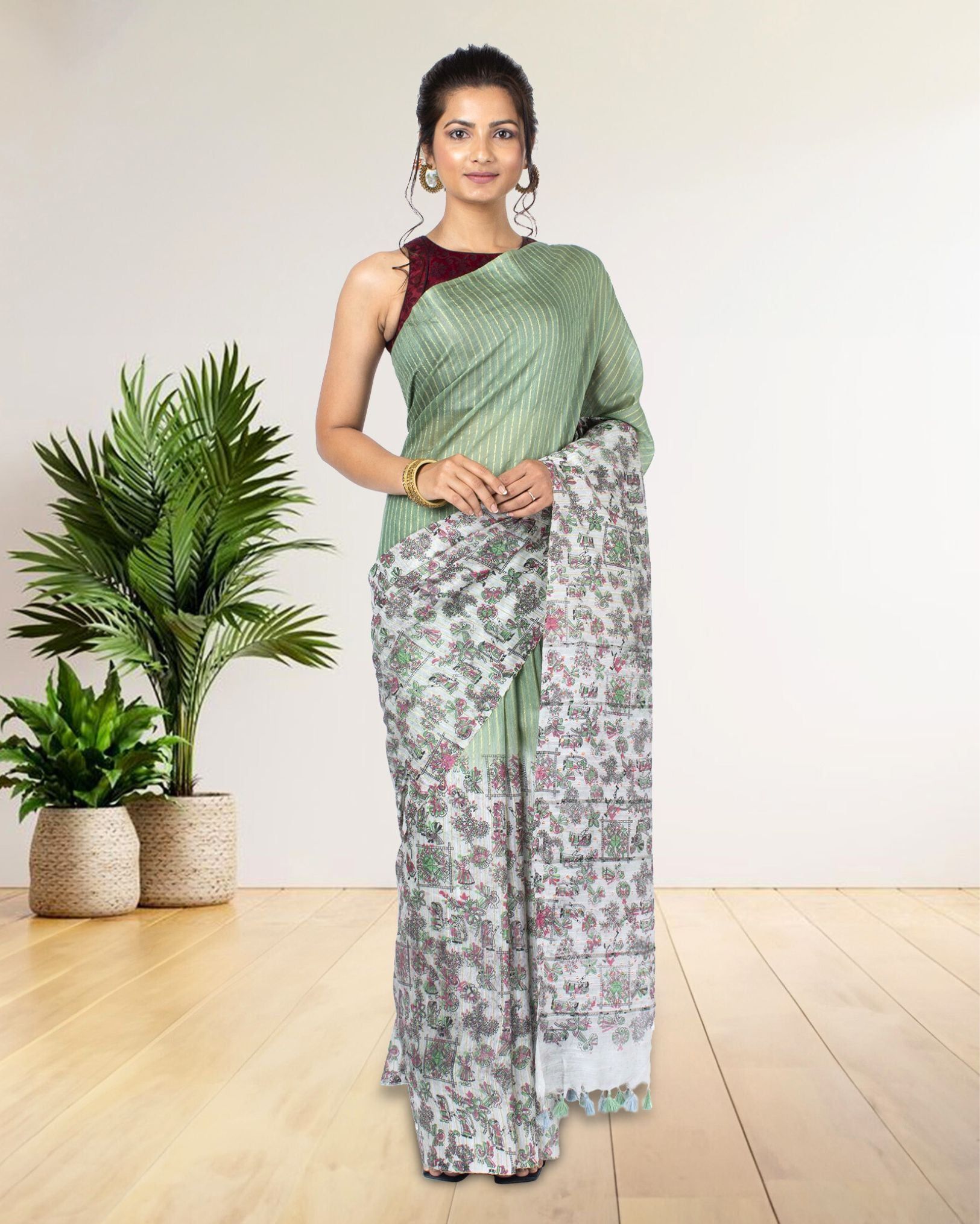 Kota Silk Saree Granny Smith Green Color Body Striped with Sequence Pallu, Half Dye Half Print and Running Blouse-4831