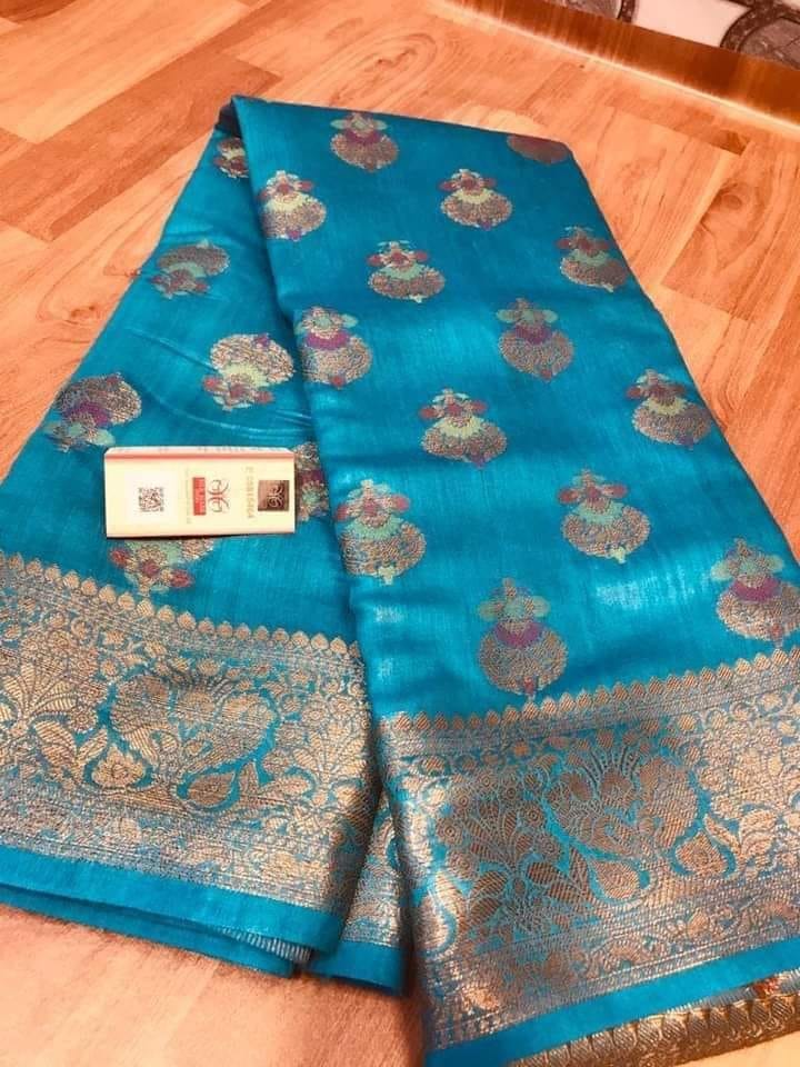 Silkmark Certified Tussar Moonga Banarasi Silk Saree Pacific Blue Color with running blouse-2219