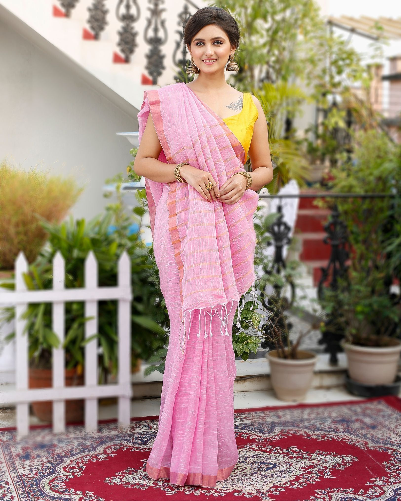Pure Linen Pink Saree Contrast Striped Pallu With Running Blouse-3112