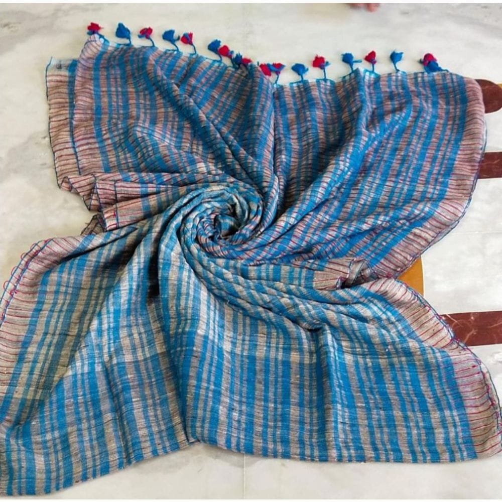 Pure Ghicha Tussar Silk Blue Saree with Running Blouse SilkMark Certified-8461