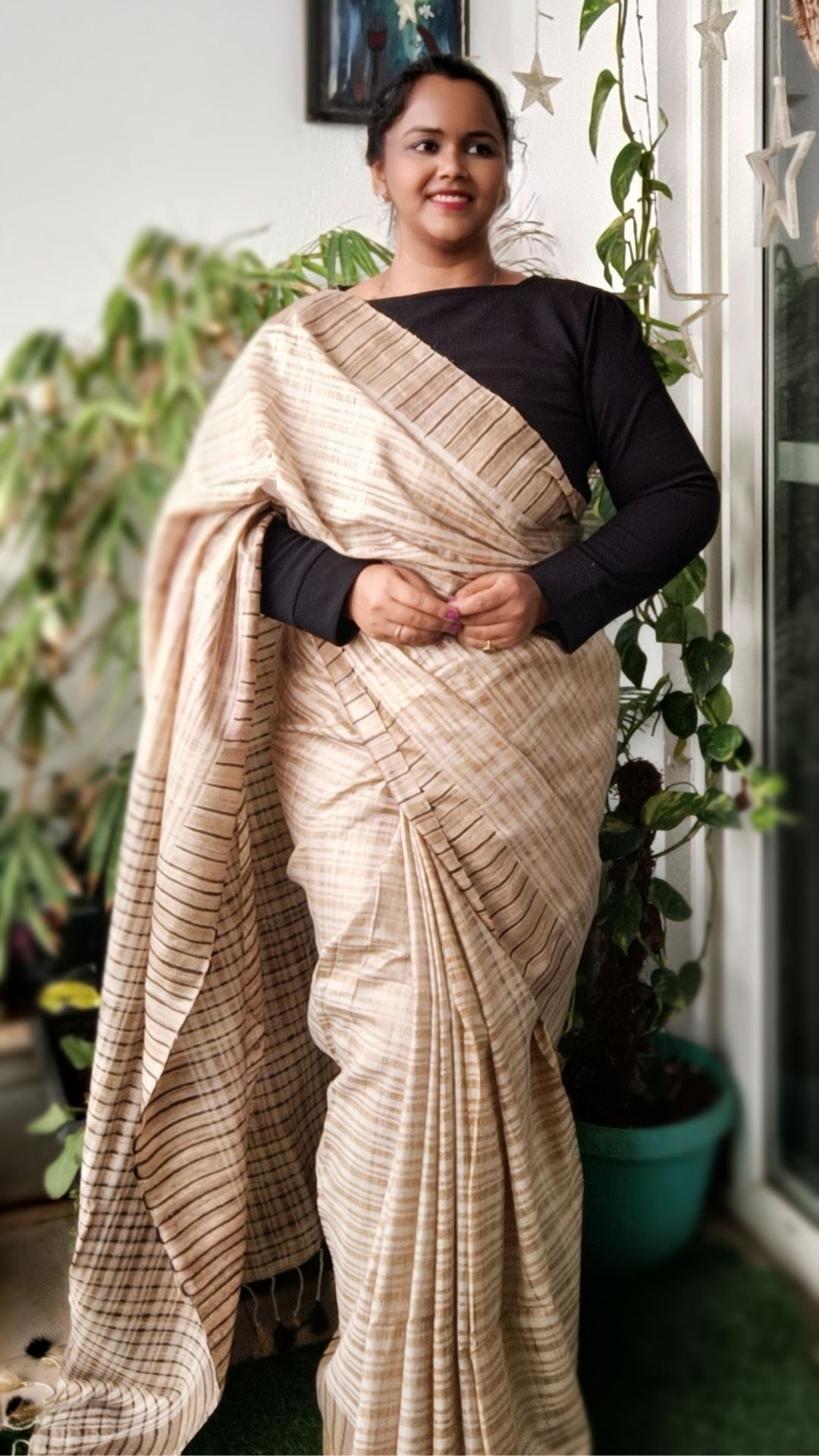 Pure Ghicha Tussar Silk Biege Saree with Running Blouse SilkMark Certified-2020
