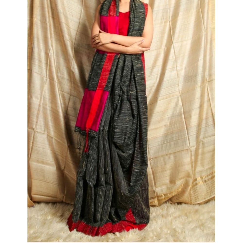 Pure Ghicha Tussar Silk Black and Red Saree with Running Blouse SilkMark Certified-7124