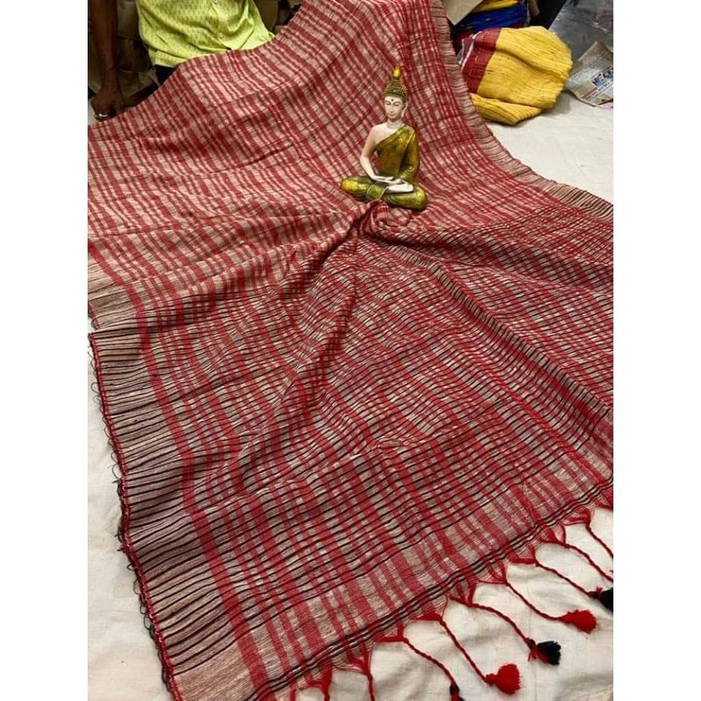 Silkmark Certified Pure Ghicha Tussar Silk Red Saree with Running Blouse-6266