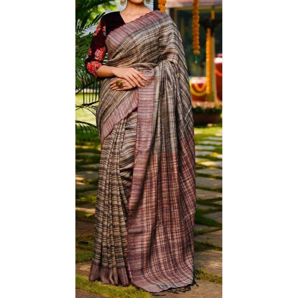 Pure Ghicha Tussar Silk Brown Saree with Running Blouse SilkMark Certified-5991