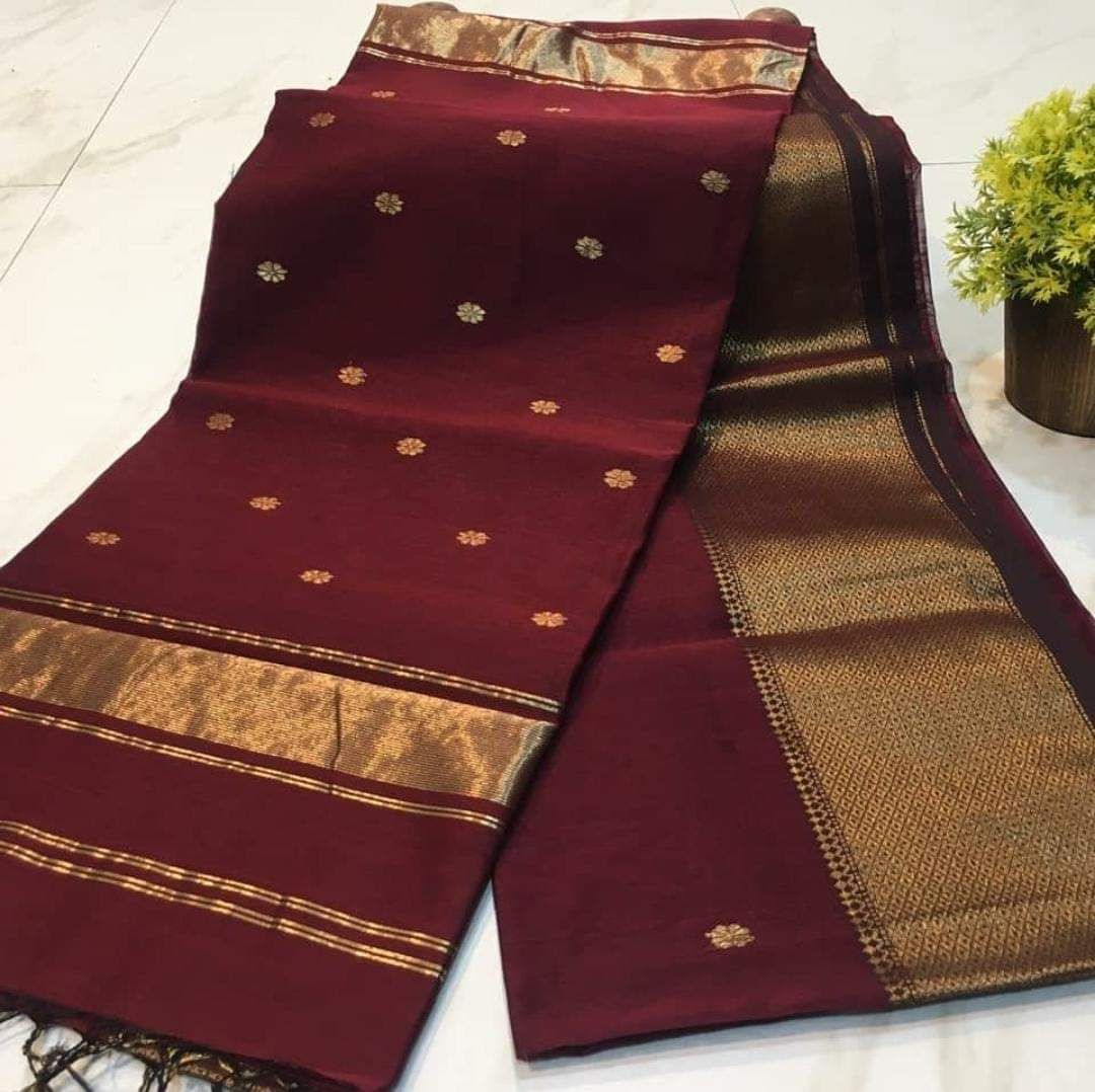 Pure Maheshwari Silk Saree Butta Body Dark Red Color and running blouse with butta design-8504