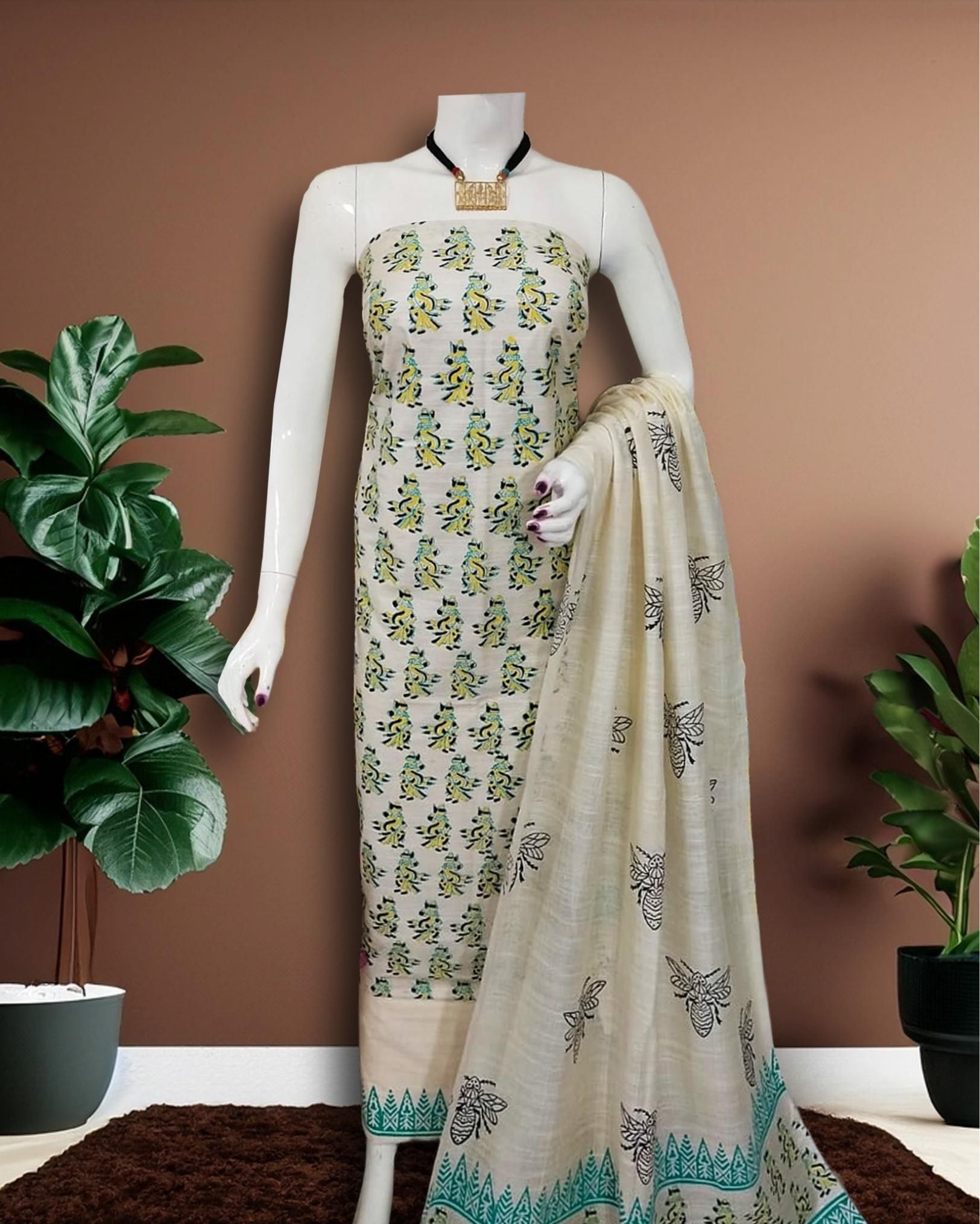 Katan Silk Suit Piece Cream Color Handcrafted with Bottom and Dupatta-2084