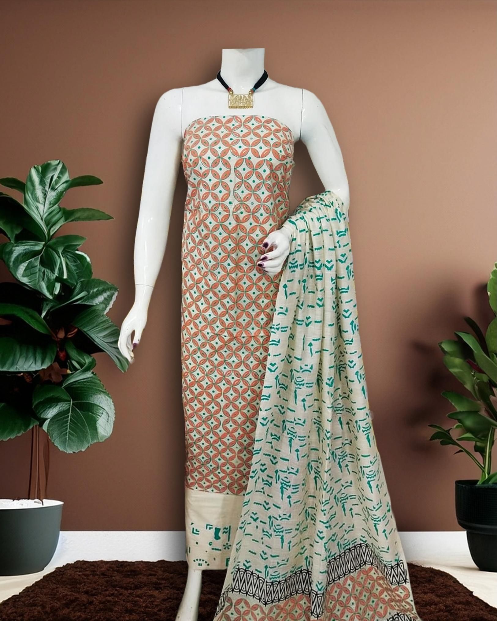 Katan Silk Suit Piece Beige Color Handcrafted with Bottom and Dupatta-7749