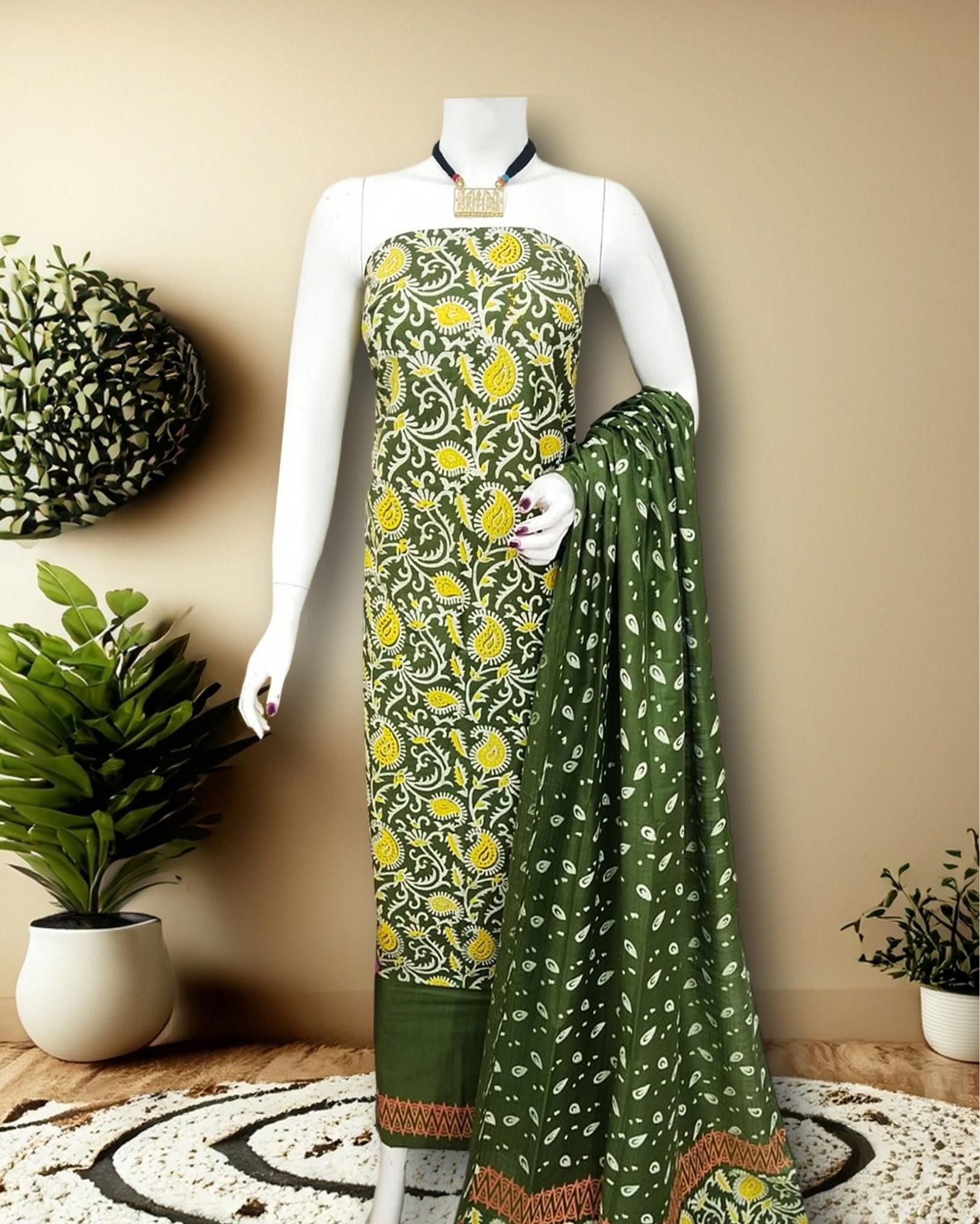 Katan Silk Suit Piece Green Color Handcrafted with Bottom and Dupatta-6448