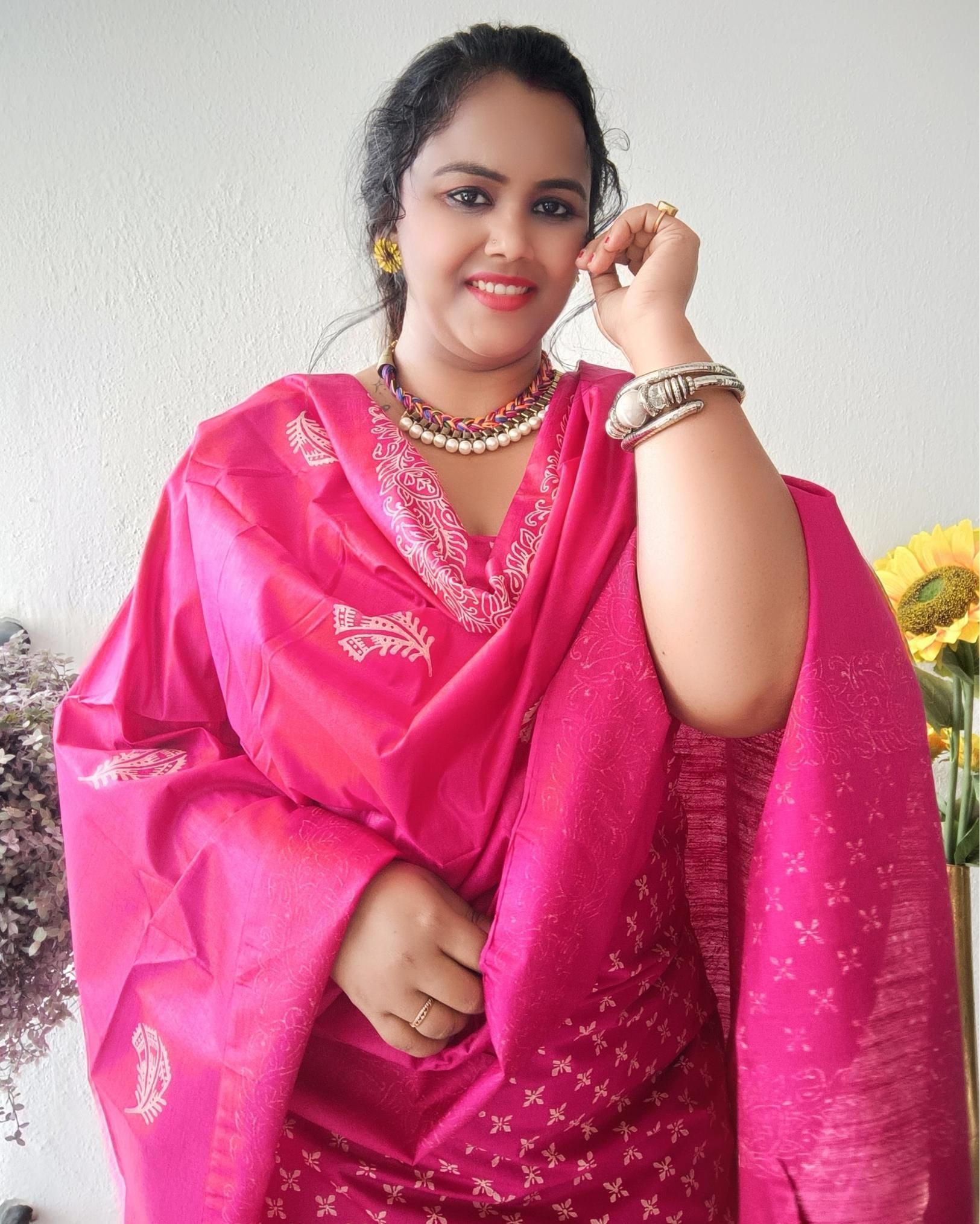 Katan Silk Handblock Printed Suit Piece Pink Color with Bottom and Dupatta Handcrafted-9182