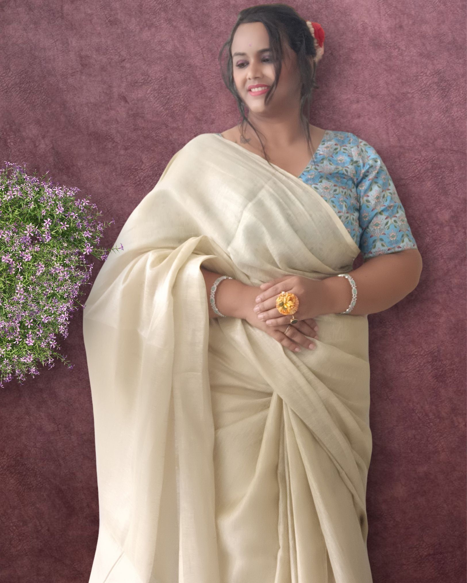 Pure Tissue Linen Hand Dyed Saree Off White Color with running blouse-5728